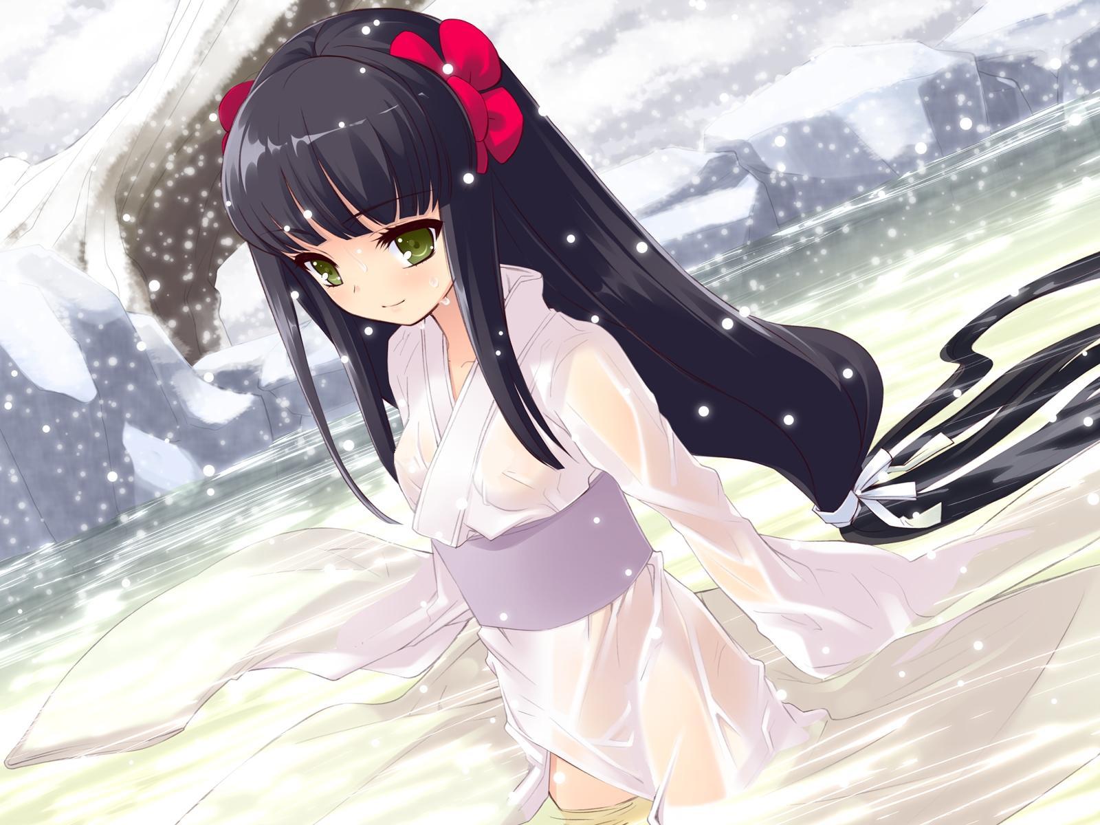 highres, blush, bow, breasts, japanese clothes, kimono, long hair, see-through clothes, water, wet