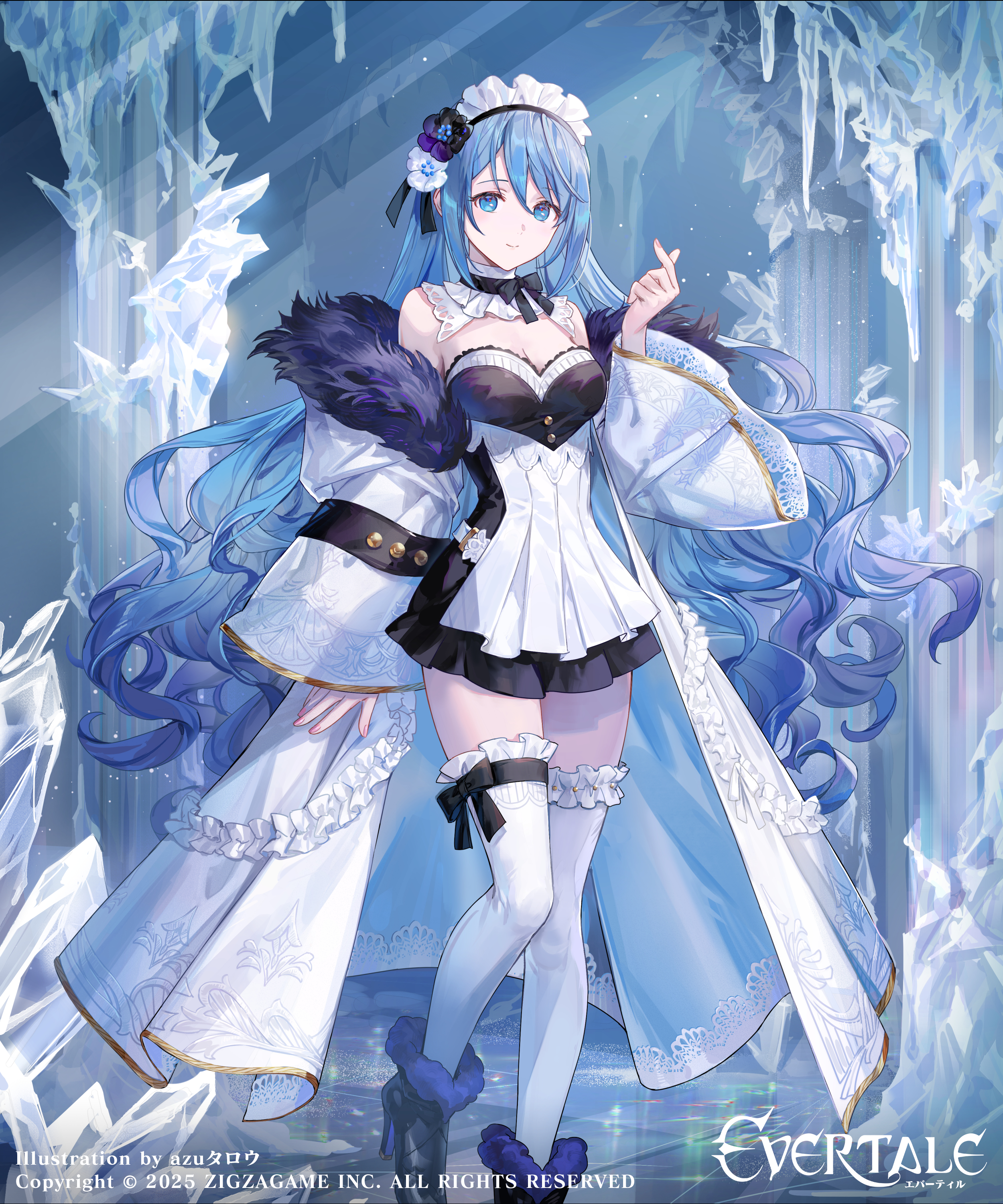 azu-taro, snow white (evertale), evertale, absurdres, highres, official art, 1girl, artist name, bare shoulders, belt, black dress, black flower, black shoes, blue eyes, blue hair, breasts, cleavage, closed mouth, collar, company name, copyright logo, dated, detached collar, dress, flower, frilled dress, frilled thighhighs, frills, fur-trimmed dress, fur-trimmed shoes, fur trim, hair between eyes, hair flower, hair ornament, high heels, ice, indoors, leg ribbon, light particles, long hair, long sleeves, looking at viewer, maid headdress, medium breasts, nail polish, pillar, pink nails, purple flower, ribbon, shoes, short dress, smile, solo, standing, thigh ribbon, thighhighs, two-tone dress, very long hair, white belt, white collar, white dress, white flower, wide sleeves