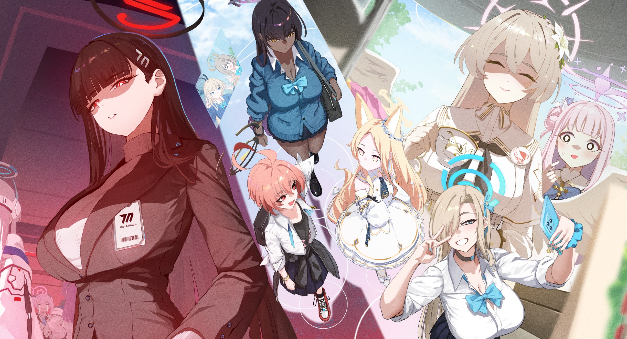 ailushin, akane (blue archive), akane (school uniform) (blue archive), asuna (blue archive), asuna (school uniform) (blue archive), karin (blue archive), karin (school uniform) (blue archive), koyuki (blue archive), mika (blue archive), nagisa (blue archive), neru (blue archive), neru (school uniform) (blue archive), noa (blue archive), rio (blue archive), seia (blue archive), toki (blue archive), toki (school uniform) (blue archive), yuuka (blue archive), blue archive, commentary, english commentary, highres, 6+girls, :d, ^ ^, ahoge, animal ears, bag, black hair, black jacket, black shoes, black skirt, black socks, blazer, blonde hair, blue eyes, blue jacket, blue nails, blunt bangs, bow, bowtie, breasts, brown hair, cardigan, cellphone, cleavage, closed eyes, clothes around waist, cup, dark-skinned female, dark skin, detached sleeves, double v, feathered wings, glasses, grin, hair ornament, hair over one eye, hairclip, halo, headgear, holding, holding cup, holding phone, jacket, large breasts, loafers, long hair, looking at viewer, multiple girls, open mouth, parted lips, phone, pink hair, pleated skirt, purple hair, red eyes, ringed eyes, school bag, school uniform, scrunchie, serafuku, shaded face, shoes, skirt, smartphone, smile, sneakers, socks, sweatdrop, sweater, teacup, tears, turtleneck, turtleneck sweater, twintails, v, white hair, white shoes, wings, wrist scrunchie