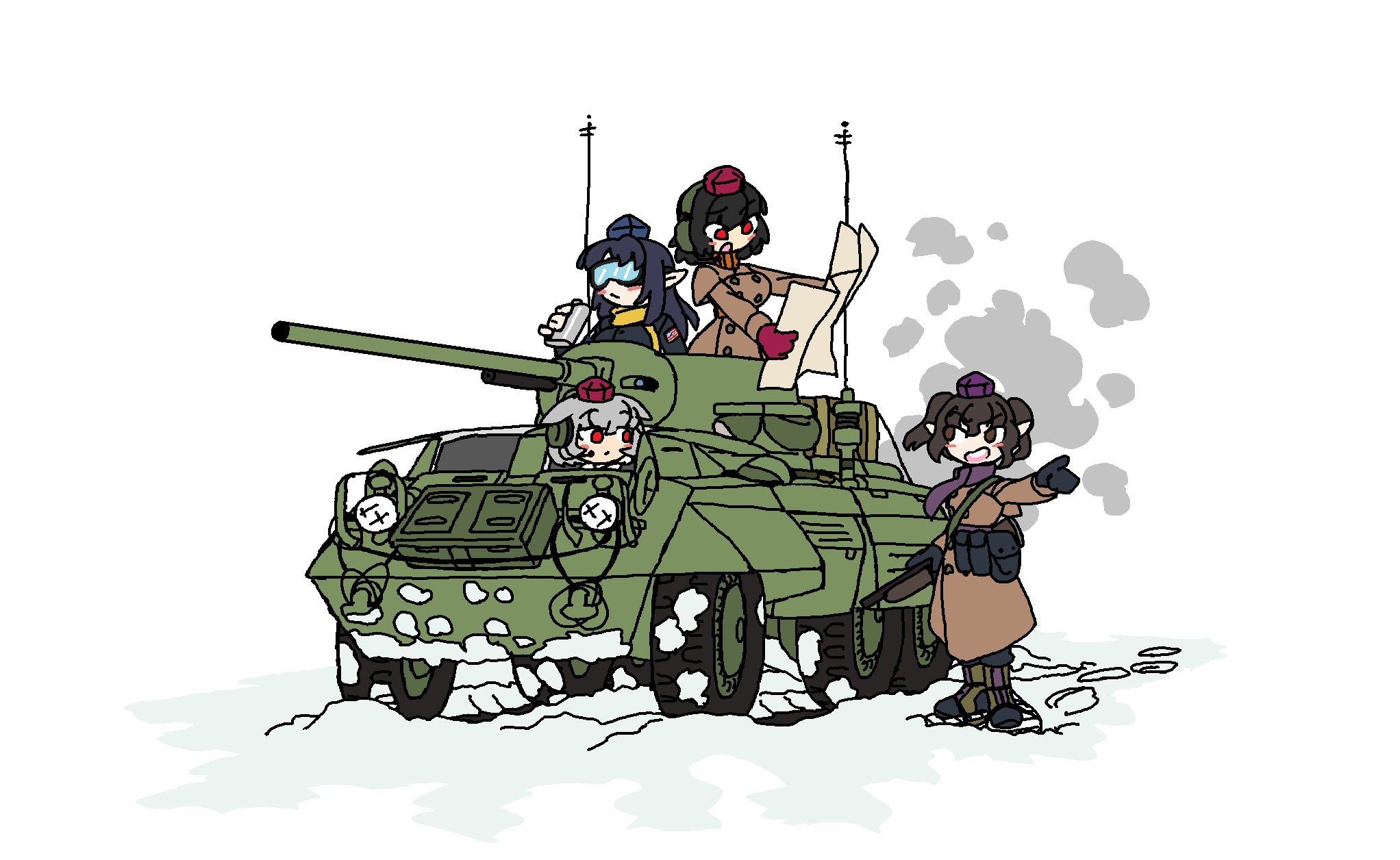 jomun, himekaidou hatate, iizunamaru megumu, inubashiri momiji, shameimaru aya, touhou, highres, 4girls, armored personnel carrier, armored vehicle, brown coat, cannon, coat, earmuffs, flask, goggles, grey hair, greyscale, gun, gun sling, hat, holding, holding flask, holding map, load bearing vest, map, medium hair, monochrome, motor vehicle, multiple girls, rifle, short twintails, snow, tank turret, tokin hat, twintails, weapon, wheel, white background