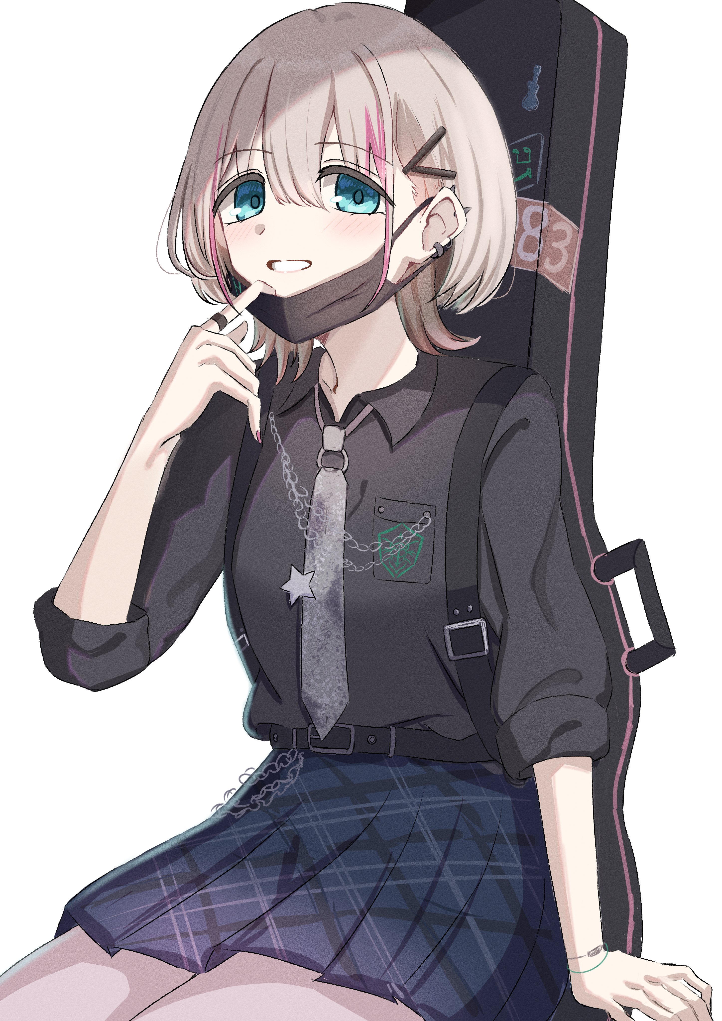 misumi hiroki, serizawa asahi, idolmaster, idolmaster shiny colors, absurdres, highres, 1girl, arm support, belt, belt buckle, black belt, black mask, black shirt, blue eyes, blue skirt, blush, bracelet, buckle, chain, collared shirt, cowboy shot, ear piercing, grey hair, grey necktie, grin, guitar case, hair between eyes, hair ornament, hairclip, hand up, instrument case, instrument on back, invisible chair, jewelry, looking at viewer, mask, mask pull, medium hair, mouth mask, multicolored hair, necktie, official alternate costume, official alternate hairstyle, piercing, pink nails, pink streaks, plaid clothes, plaid skirt, pocket, shirt, shirt tucked in, sidelocks, simple background, sitting, skirt, sleeves rolled up, smile, solo, spiked ear piercing, star (symbol), star sticker, sticker, streaked hair, three-quarter sleeves, white background, wolf cut