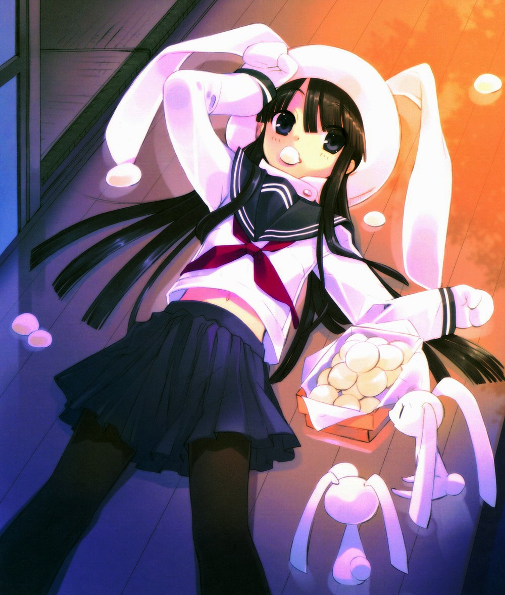 ito noizi, 1girl, animal ears, black hair, blue eyes, blush, eating, fake animal ears, female focus, flat chest, food, long hair, looking at viewer, lying, midriff, midriff peek, mouth hold, navel, night, on back, pantyhose, rabbit, rabbit ears, school uniform, serafuku, solo