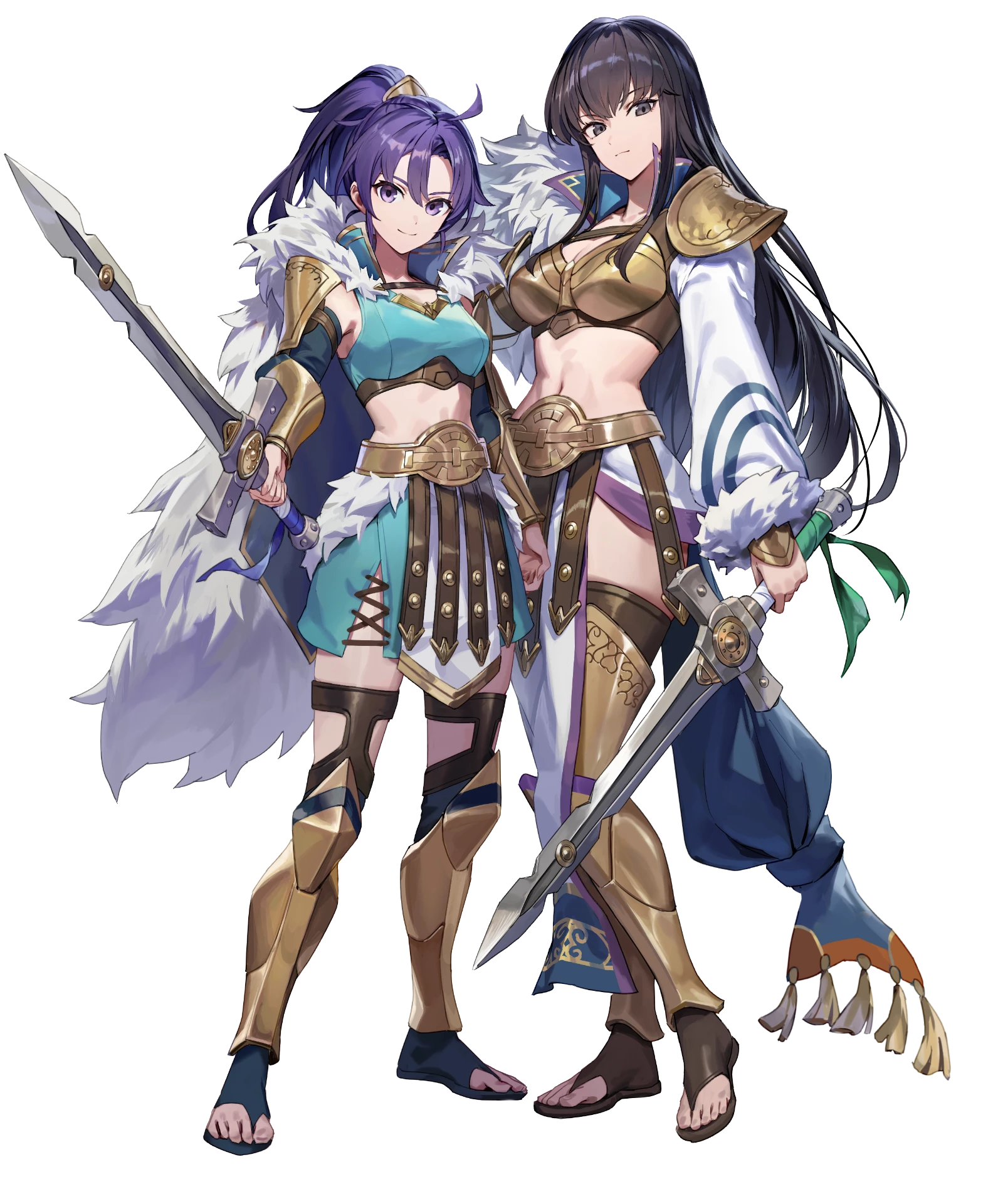 fir (fire emblem), karla (fire emblem), fire emblem, fire emblem: the binding blade, fire emblem: the blazing blade, fire emblem heroes, nintendo, highres, non-web source, official art, 2girls, armor, black hair, breastplate, breasts, cleavage, fir (dual warrior) (fire emblem), frown, gladiator sandals, holding, holding sword, holding weapon, karla (dual warrior) (fire emblem), long hair, looking at viewer, medium breasts, mother and daughter, multiple girls, navel, official alternate costume, ponytail, purple hair, sandals, smile, sword, tachi-e, very long hair, weapon