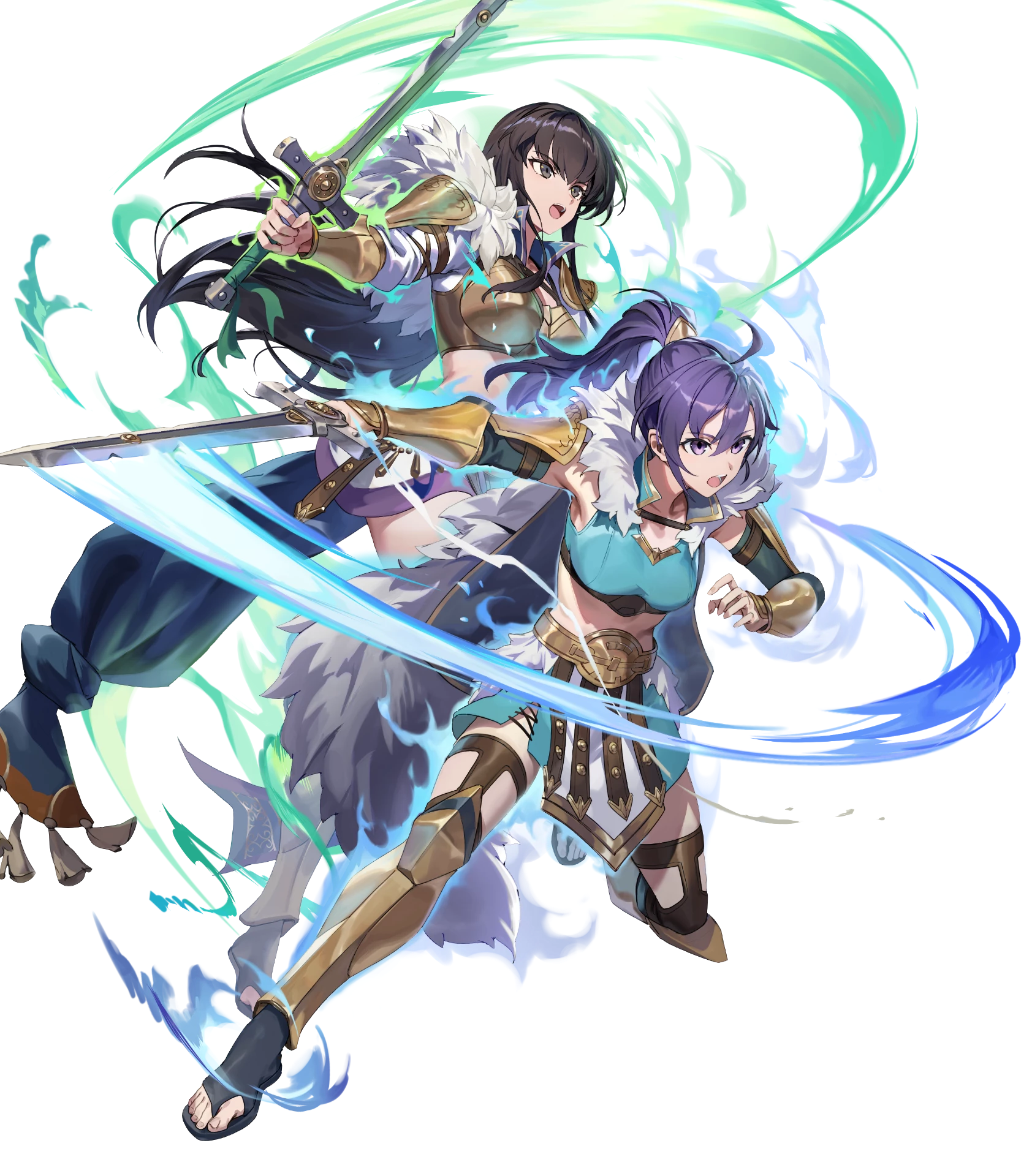 fir (fire emblem), karla (fire emblem), fire emblem, fire emblem: the binding blade, fire emblem: the blazing blade, fire emblem heroes, nintendo, highres, non-web source, official art, 2girls, armor, attack, aura, black hair, breastplate, breasts, cleavage, fir (dual warrior) (fire emblem), gladiator sandals, holding, holding sword, holding weapon, karla (dual warrior) (fire emblem), long hair, medium breasts, mother and daughter, multiple girls, navel, official alternate costume, open mouth, ponytail, purple hair, sandals, sword, v-shaped eyebrows, very long hair, weapon