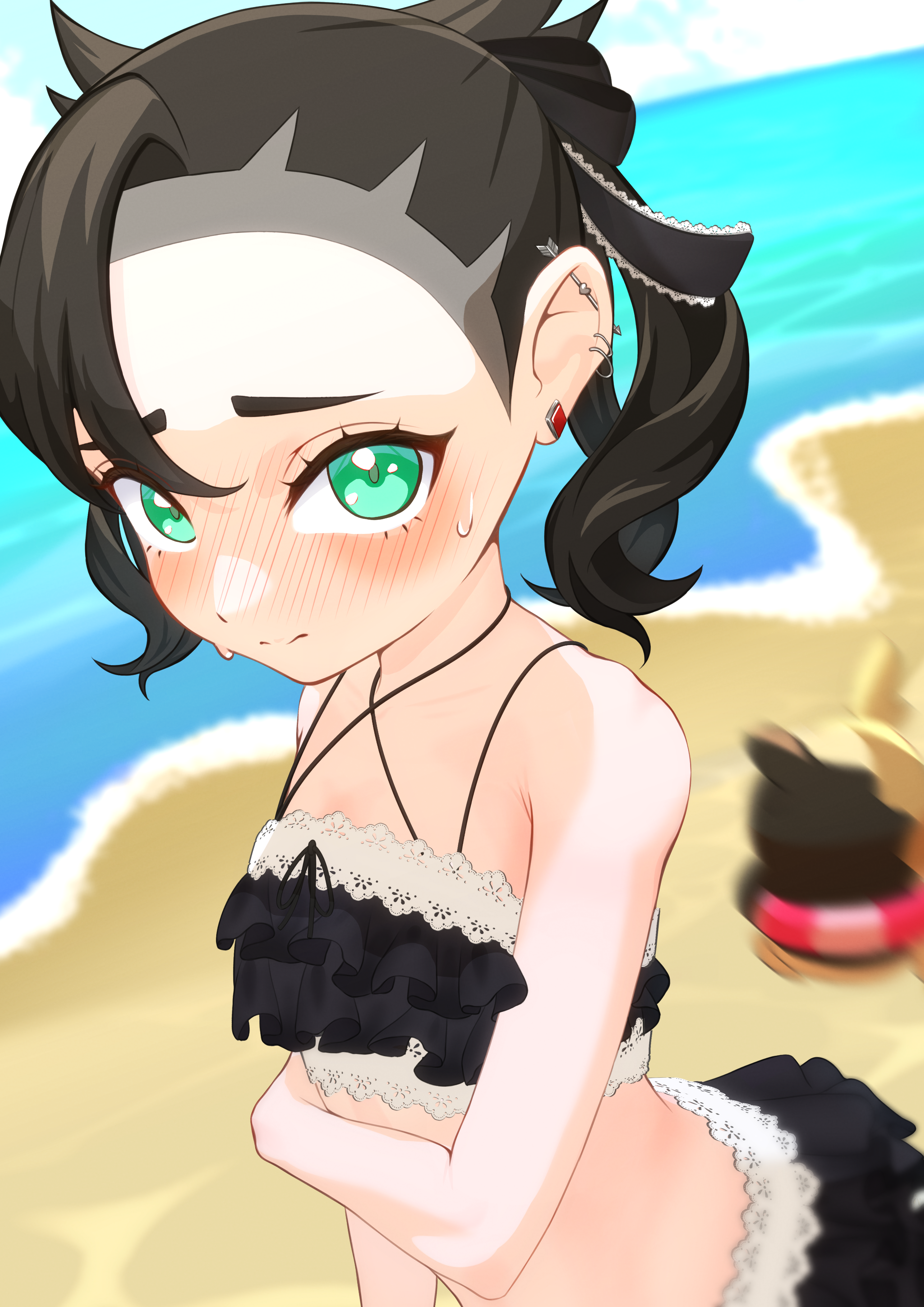 sabosuke, marnie (pokemon), morpeko, morpeko (full), nintendo, pokemon, pokemon swsh, absurdres, highres, 1girl, armpit crease, asymmetrical bangs, barbell piercing, beach, bikini, black bikini, black hair, blush, breasts, closed mouth, day, earrings, frilled bikini, frills, gen 8 pokemon, green eyes, holding own arm, innertube, jewelry, looking at viewer, outdoors, piercing, small breasts, stud earrings, sweatdrop, swim ring, swimsuit, twintails, undercut