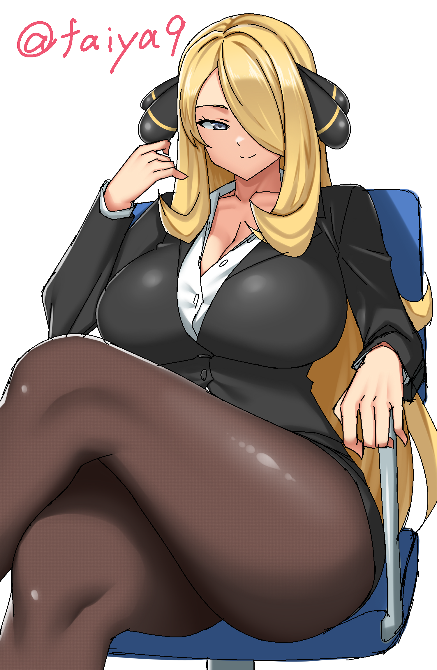 mokkori9, cynthia (pokemon), nintendo, pokemon, pokemon dppt, highres, 1girl, black jacket, blonde hair, breasts, brown pantyhose, chair, cleavage, closed mouth, collarbone, curvy, formal clothes, grey eyes, hair ornament, hair over one eye, hand up, jacket, large breasts, looking at viewer, office lady, pantyhose, shirt, simple background, sitting, smile, solo, suit, thighs, white background, white shirt
