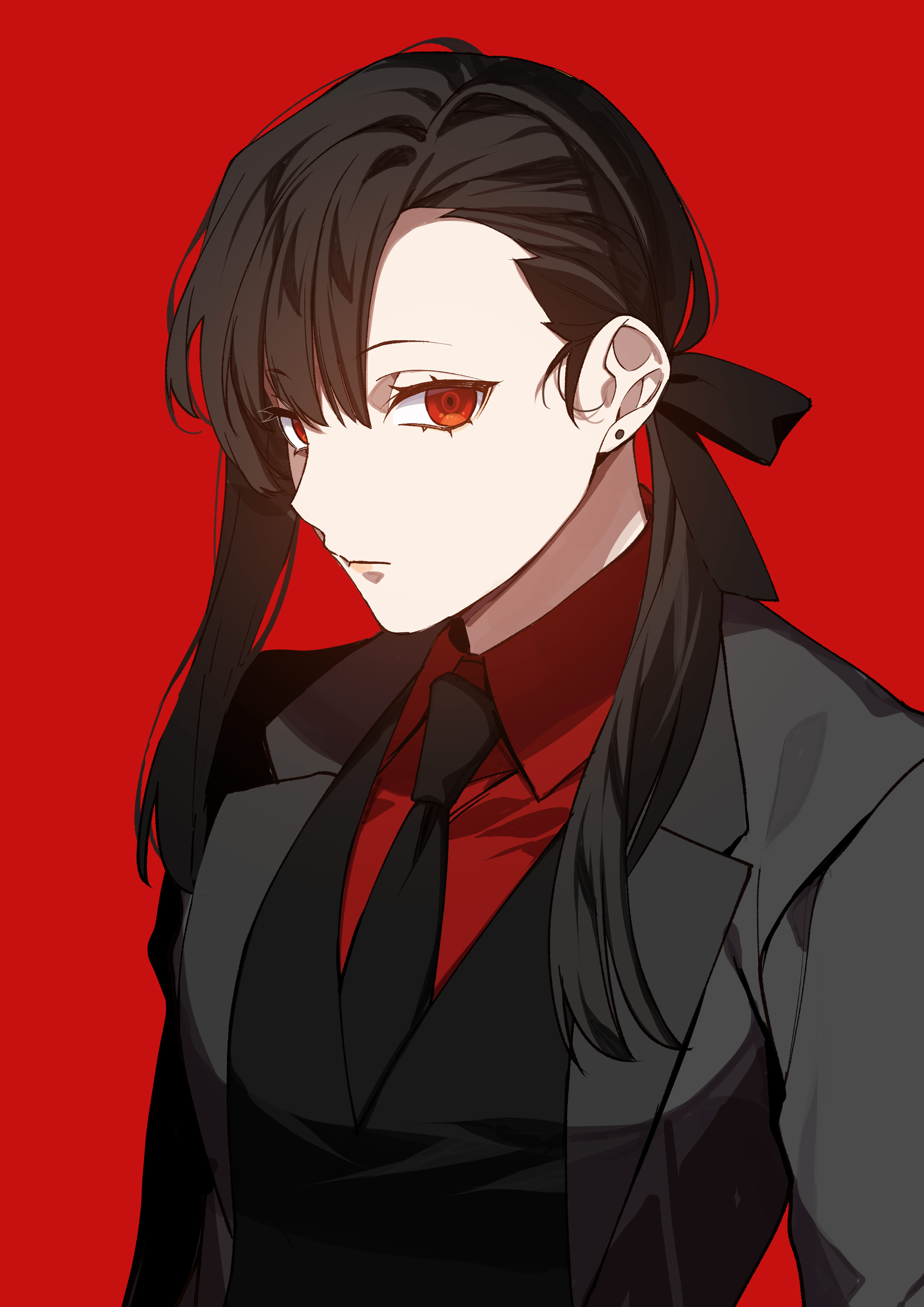 ryon (ryonhei), chihara mai, jirai nan desu ka? chihara-san, absurdres, commentary request, highres, second-party source, 1girl, black hair, black jacket, black necktie, black suit, black vest, closed mouth, collared shirt, crossdressing, crossdressing (ftm), earrings, formal clothes, jacket, jewelry, long hair, looking at viewer, necktie, red background, red eyes, red shirt, shirt, simple background, solo, suit, suit jacket, upper body, vest