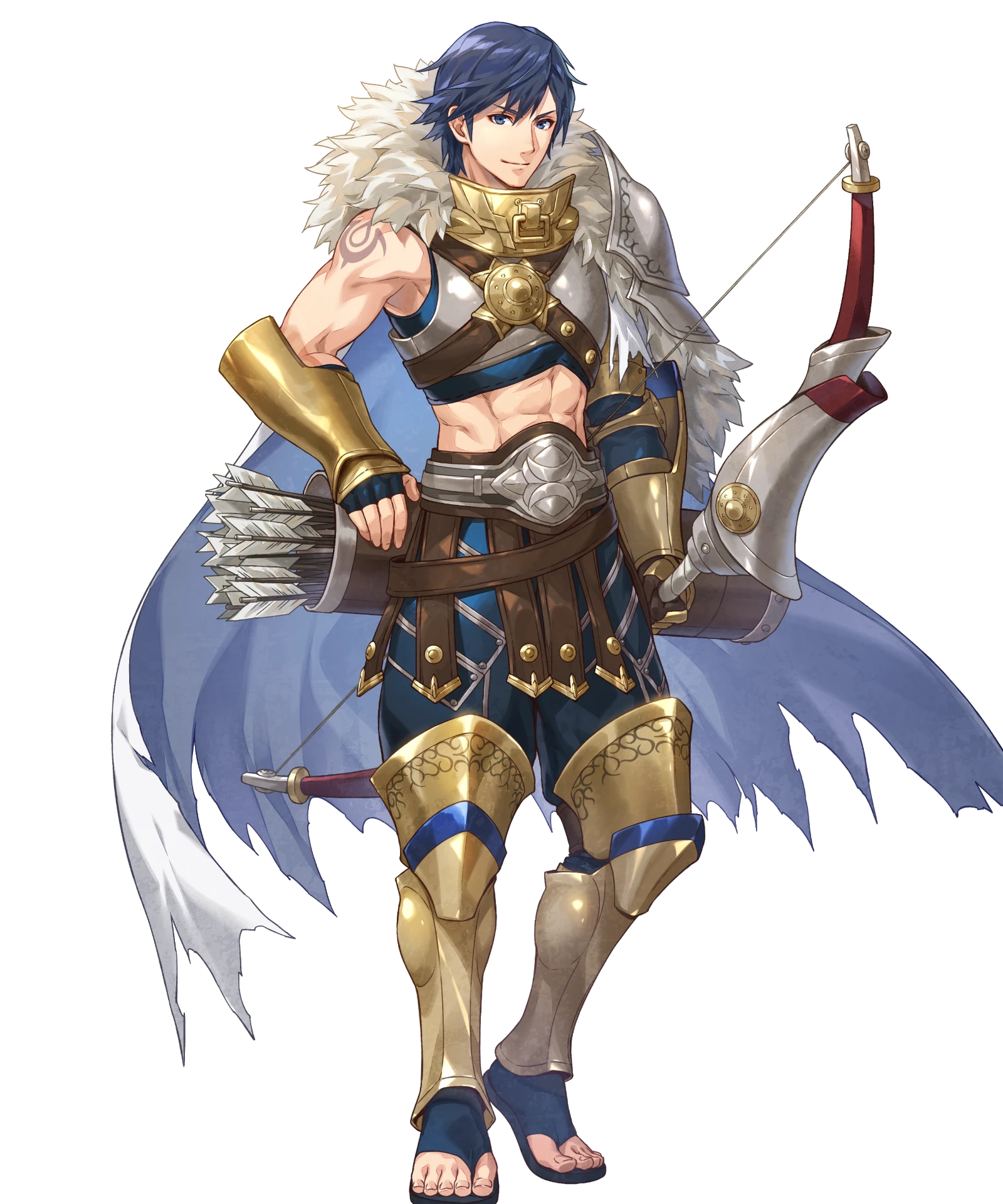 basilio (fire emblem), chrom (fire emblem), fire emblem, fire emblem awakening, fire emblem heroes, nintendo, highres, non-web source, official art, 1boy, abs, basilio (fire emblem) (cosplay), blue eyes, blue hair, bow (weapon), brand of the exalt, cape, chrom (pivotal blow) (fire emblem), cosplay, fingerless gloves, gladiator, gladiator sandals, gloves, holding, holding bow (weapon), holding weapon, looking at viewer, official alternate costume, quiver, sandals, single bare shoulder, smile, solo, tachi-e, weapon, white cape