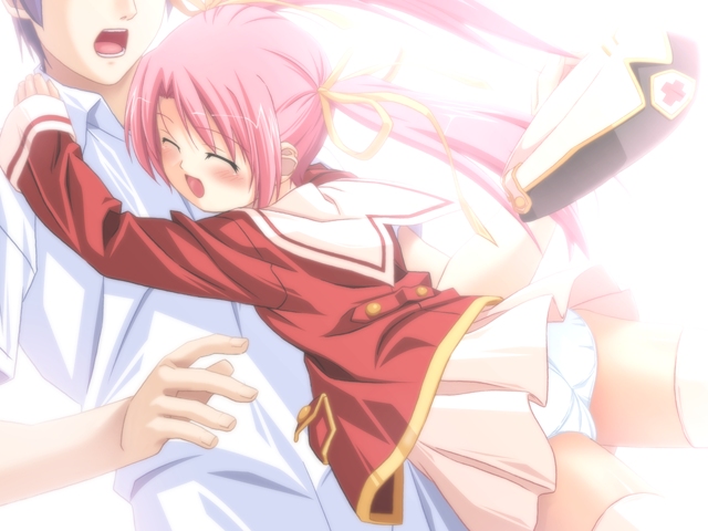 luvriel, makai tenshi djibril, angel, blush, glomp, hat, hug, jacket, panties, school uniform, serafuku, skirt, thighhighs, twintails, underwear
