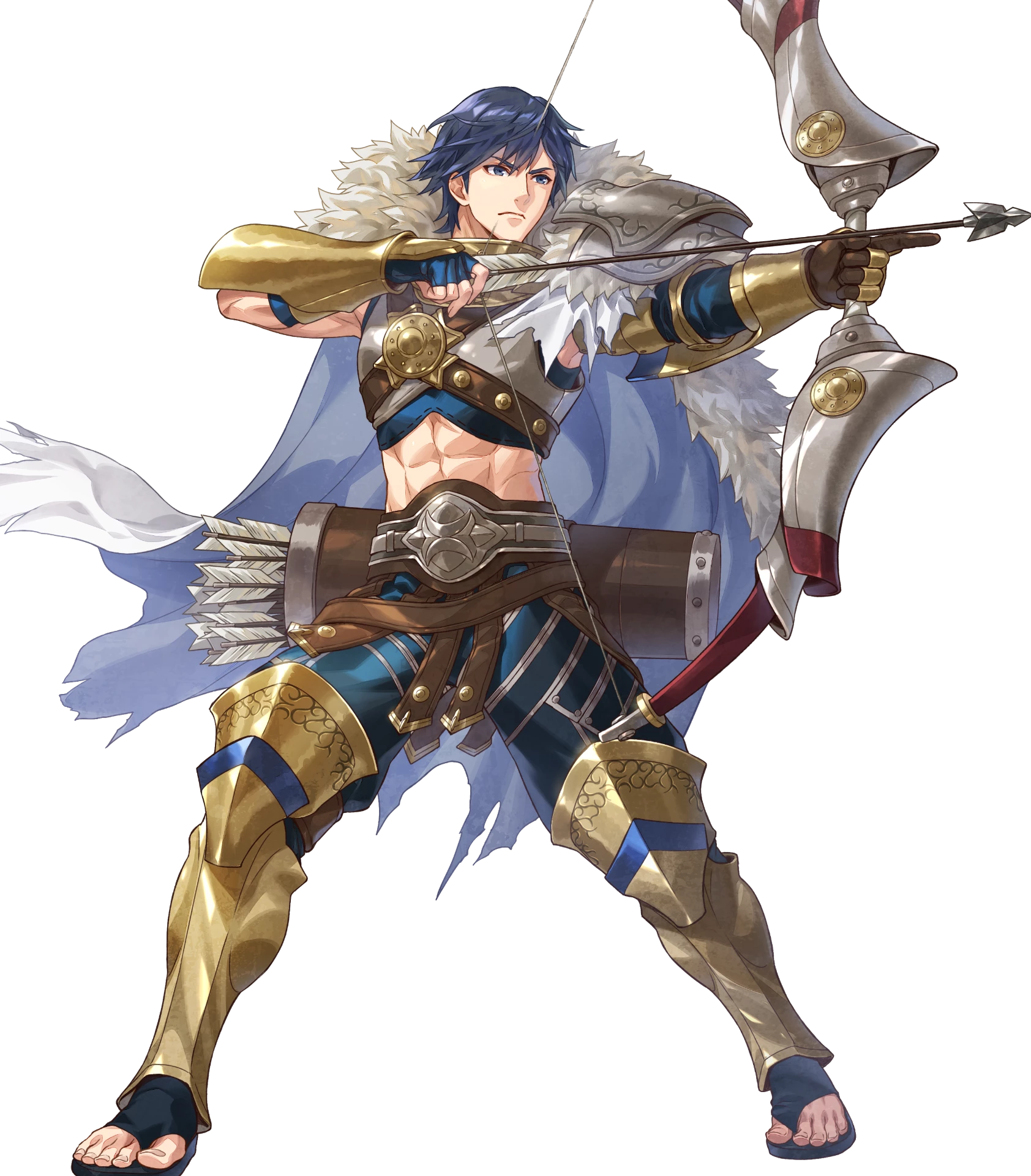 basilio (fire emblem), chrom (fire emblem), fire emblem, fire emblem awakening, fire emblem heroes, nintendo, highres, non-web source, official art, 1boy, abs, attack, basilio (fire emblem) (cosplay), blue eyes, blue hair, bow (weapon), brand of the exalt, cape, chrom (pivotal blow) (fire emblem), cosplay, drawing bow, fingerless gloves, gladiator, gladiator sandals, gloves, holding, holding bow (weapon), holding weapon, official alternate costume, quiver, sandals, single bare shoulder, solo, v-shaped eyebrows, weapon, white cape