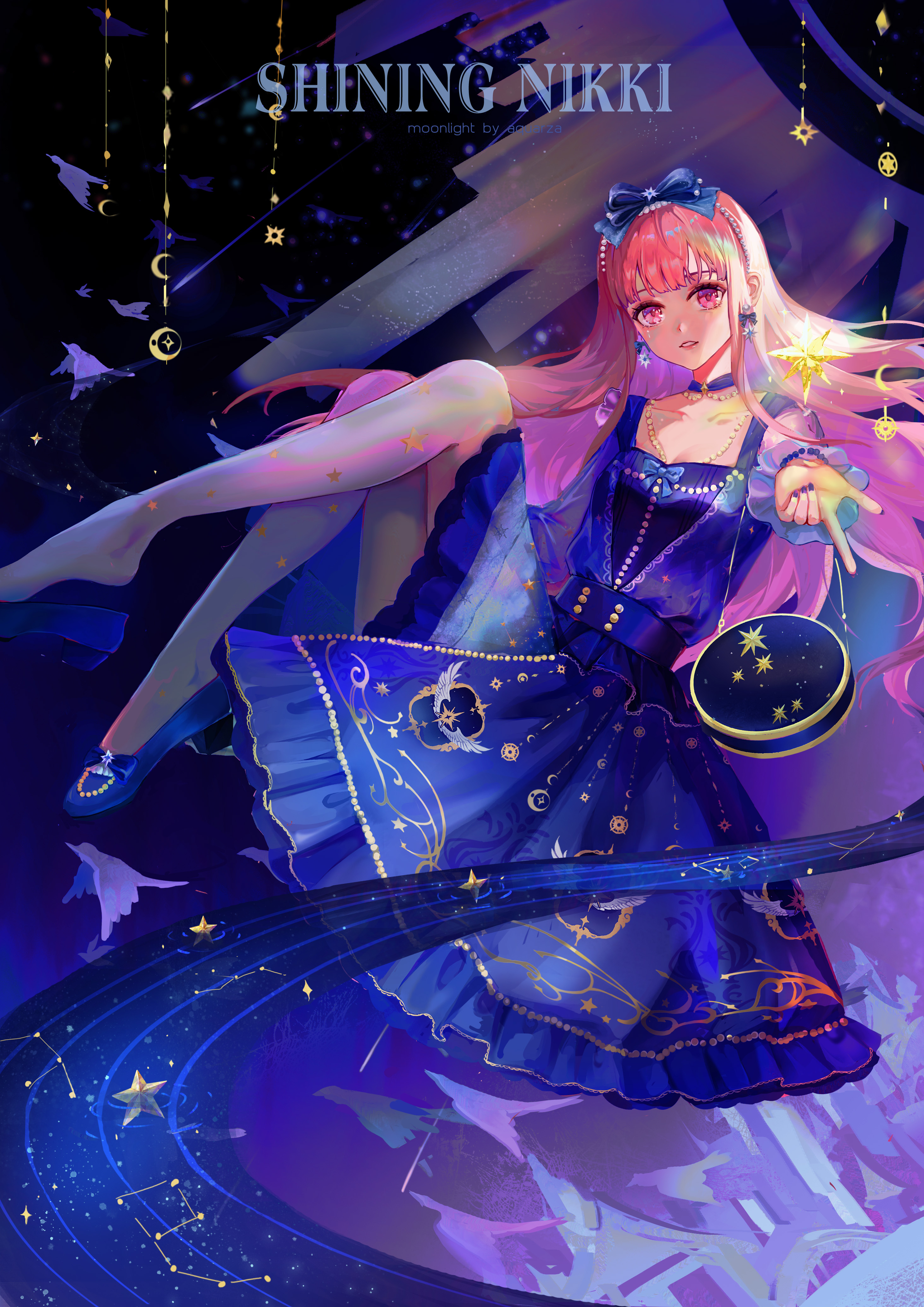 aquarzaaa, nikki (nikki), nikki (series), original, shining nikki, absurdres, bad id, bad pixiv id, commentary, english commentary, highres, 1girl, artist name, bag, bare shoulders, bead bracelet, bead necklace, beads, bird, blue bag, blue bow, blue choker, blue dress, blue nails, blue shoes, blunt bangs, bow, bow earrings, bracelet, breasts, castle, choker, cleavage, clothing cutout, constellation, copyright name, dove, dress, earrings, eyelashes, eyeshadow, floating, floating hair, footwear bow, frilled dress, frills, full body, grey pantyhose, hair bow, handbag, high heels, jewelry, lipstick, lolita fashion, long hair, long sleeves, looking at viewer, makeup, nail polish, necklace, night, outdoors, outstretched arm, pantyhose, parted lips, pink eyes, pink eyeshadow, pink hair, pink lips, pumps, see-through clothes, see-through sleeves, shoes, short dress, shoulder cutout, solo, square neckline, star (symbol), star earrings, teeth, very long hair