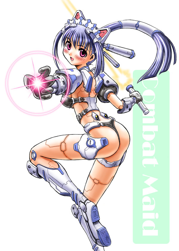 animal ears, ass, blush, breasts, cat ears, long hair, mecha, panties, robot, sword, underwear, weapon