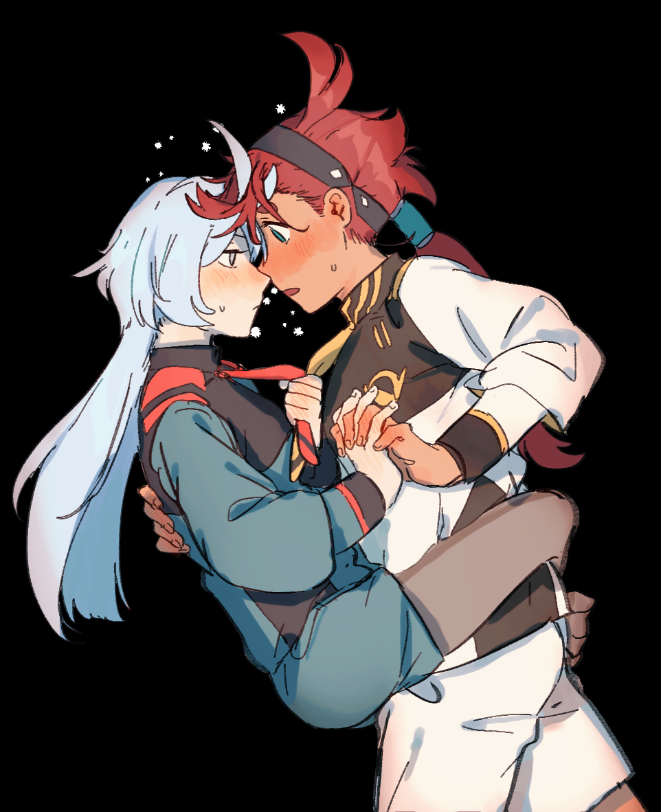 mao^2, miorine rembran, suletta mercury, gundam, gundam suisei no majo, commentary, 2girls, asticassia school uniform, black background, black hairband, blue eyes, blush, closed mouth, clothes grab, green jacket, green shorts, grey eyes, hairband, hand on another's back, holding hands, interlocked fingers, jacket, leg lock, long hair, multiple girls, necktie, necktie grab, neckwear grab, noses touching, open mouth, ponytail, red hair, school uniform, shorts, simple background, sweat, white hair, white jacket, white shorts, yuri