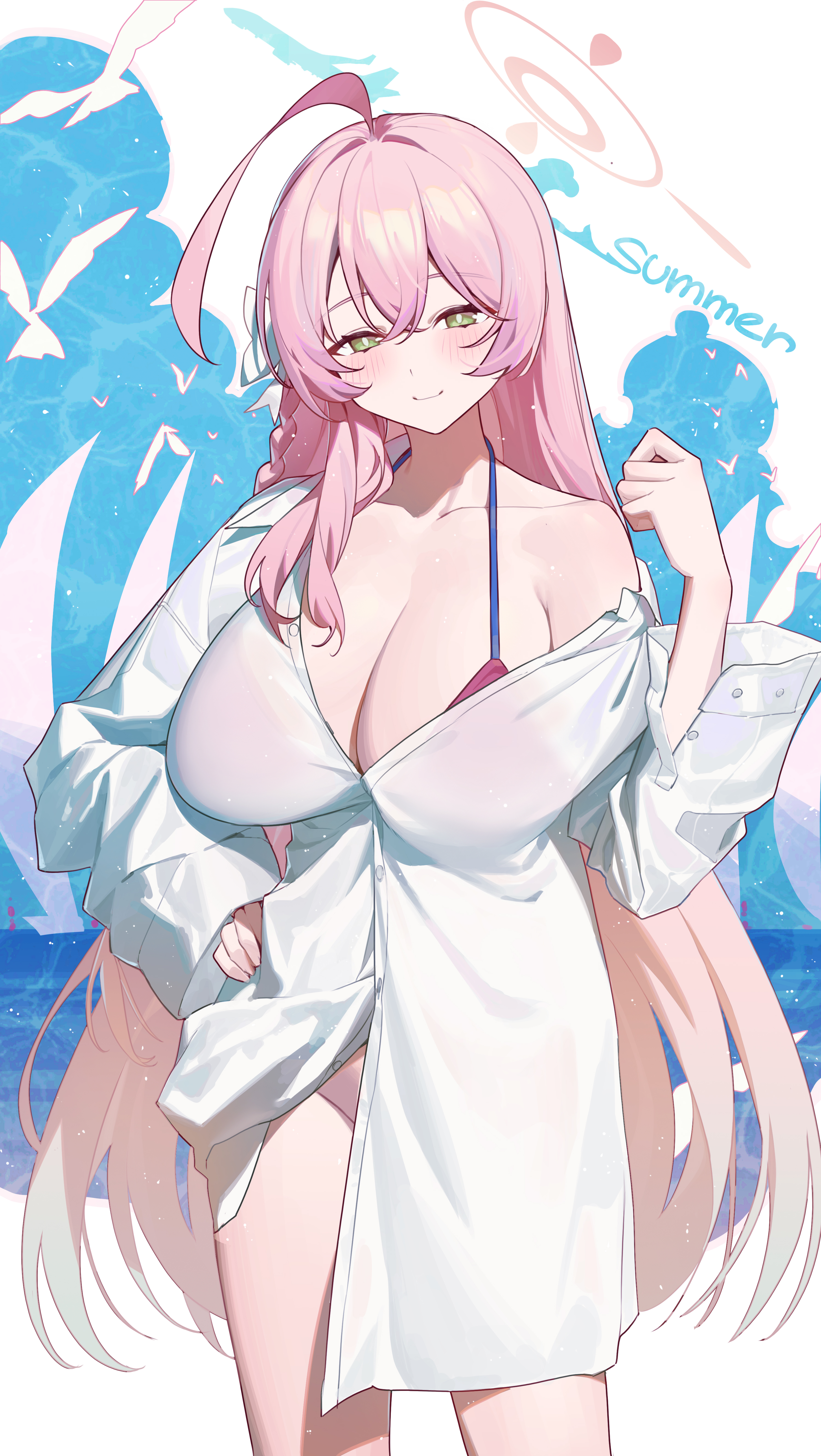 airseal, hanako (blue archive), hanako (swimsuit) (blue archive), blue archive, absurdres, highres, 1girl, ahoge, bikini, bikini under clothes, blush, breasts, bright pupils, cleavage, closed mouth, green eyes, halo, hand on own hip, large breasts, long hair, looking at viewer, official alternate costume, pink hair, pink halo, red bikini, shirt, smile, solo, standing, swimsuit, very long hair, white pupils, white shirt