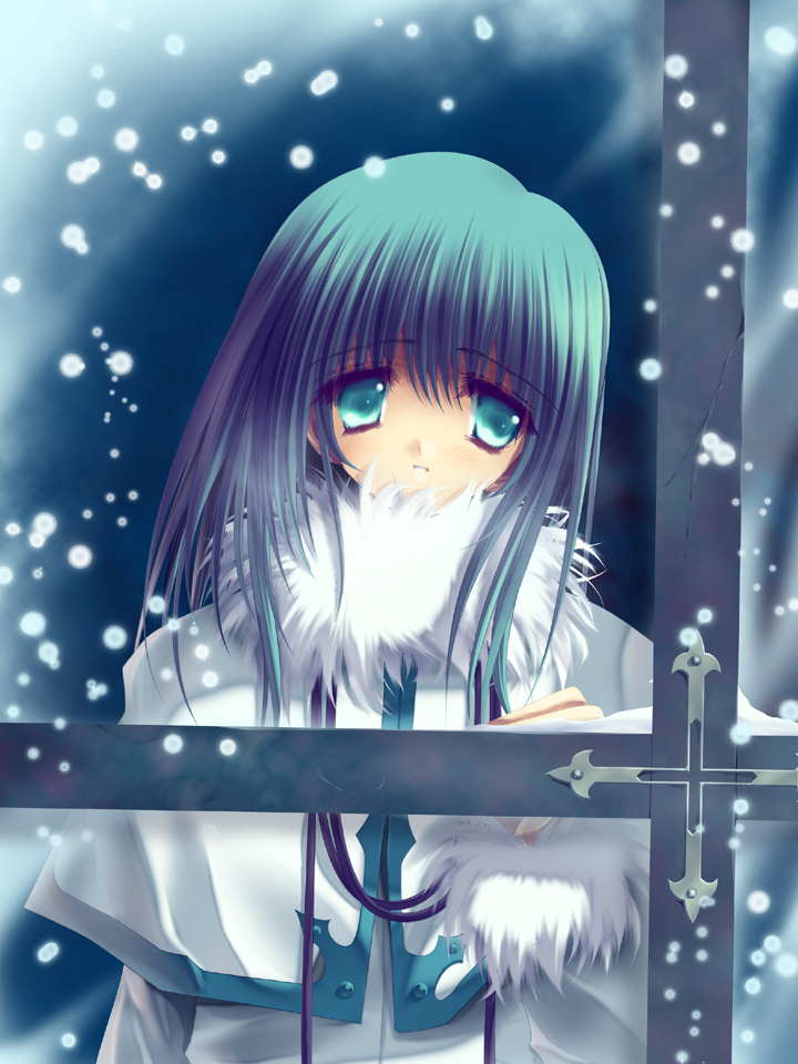 aoi yuuji, original, 1girl, blue eyes, blue hair, blush, female focus, fur collar, fur trim, glass, long hair, looking at viewer, looking outside, matching hair/eyes, parka, poncho, snow, snowing, solo, upper body, window, winter, winter clothes