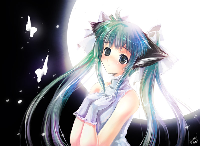 nekou izuru, animal ears, blue eyes, bug, butterfly, cat ears, gloves, insect, moon, multicolored hair, night, night sky, sky, solo, twintails