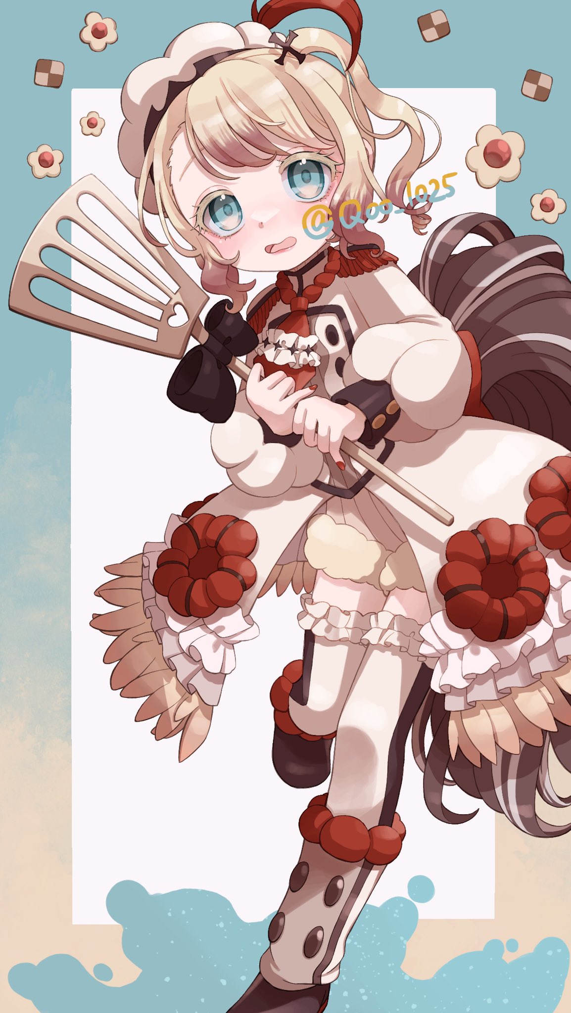qoo 1025, pechika (mahoiku), mahou shoujo ikusei keikaku, mahou shoujo ikusei keikaku restart, highres, 1girl, blonde hair, blue eyes, blush, boots, dress, frilled dress, frilled thighhighs, frills, hat, holding, magical girl, short hair, smile, thighhighs, white thighhighs