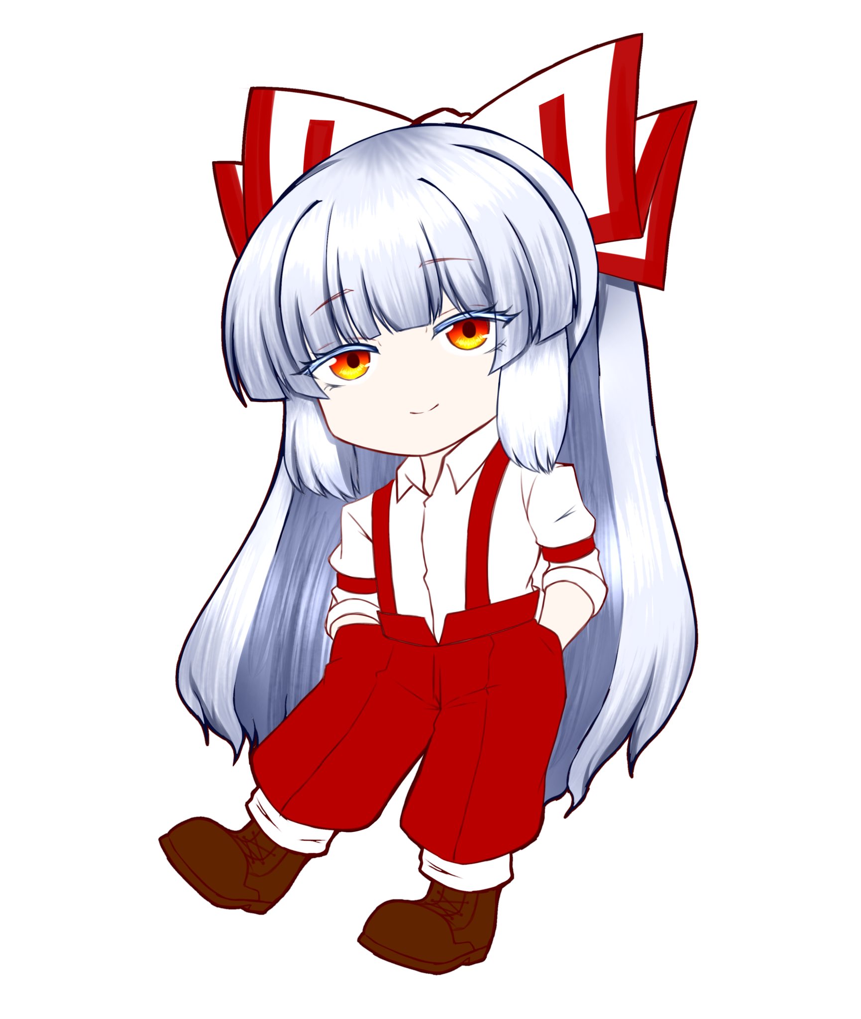 fujiwara no mokou, touhou, highres, 1girl, blunt bangs, bow, brown shoes, chibi, hachikane, hair bow, hime cut, long hair, looking at viewer, pants, red eyes, red pants, shoes, sidelocks, sleeves rolled up, smile, solo, suspenders, white hair