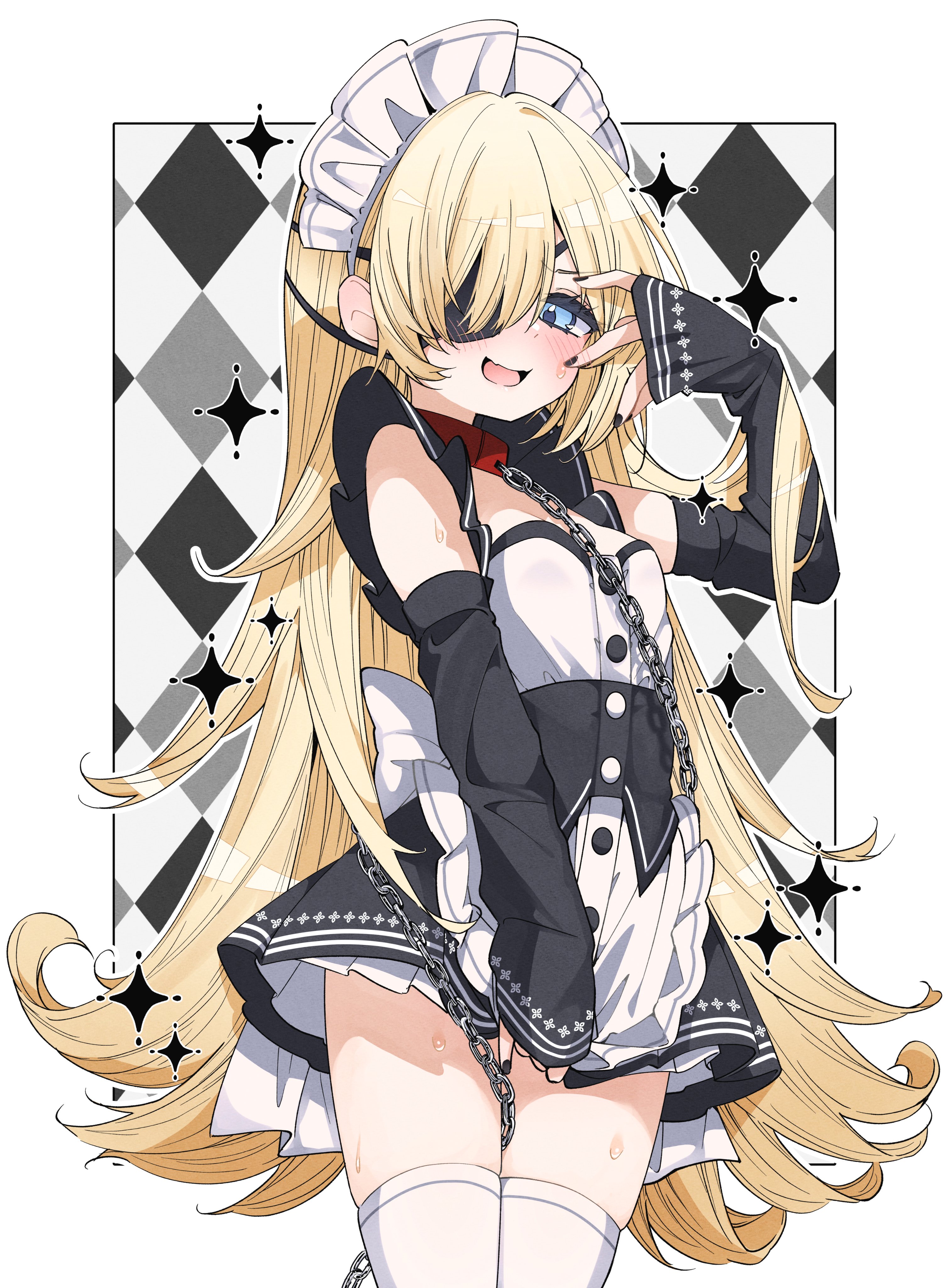 tu pa pa pa, guillotine (nikke), goddess of victory: nikke, absurdres, highres, 1girl, apron, argyle background, black dress, black nails, black sleeves, blonde hair, blue eyes, blush, buttons, chain, chain leash, chuunibyou, collar, covering privates, cowboy shot, detached sleeves, dress, embarrassed, eyepatch, frills, furrowed brow, hair over one eye, hand up, leash, long hair, looking at viewer, maid, maid apron, maid headdress, open mouth, solo, standing, sweat, thighhighs, very long hair, white background, white thighhighs