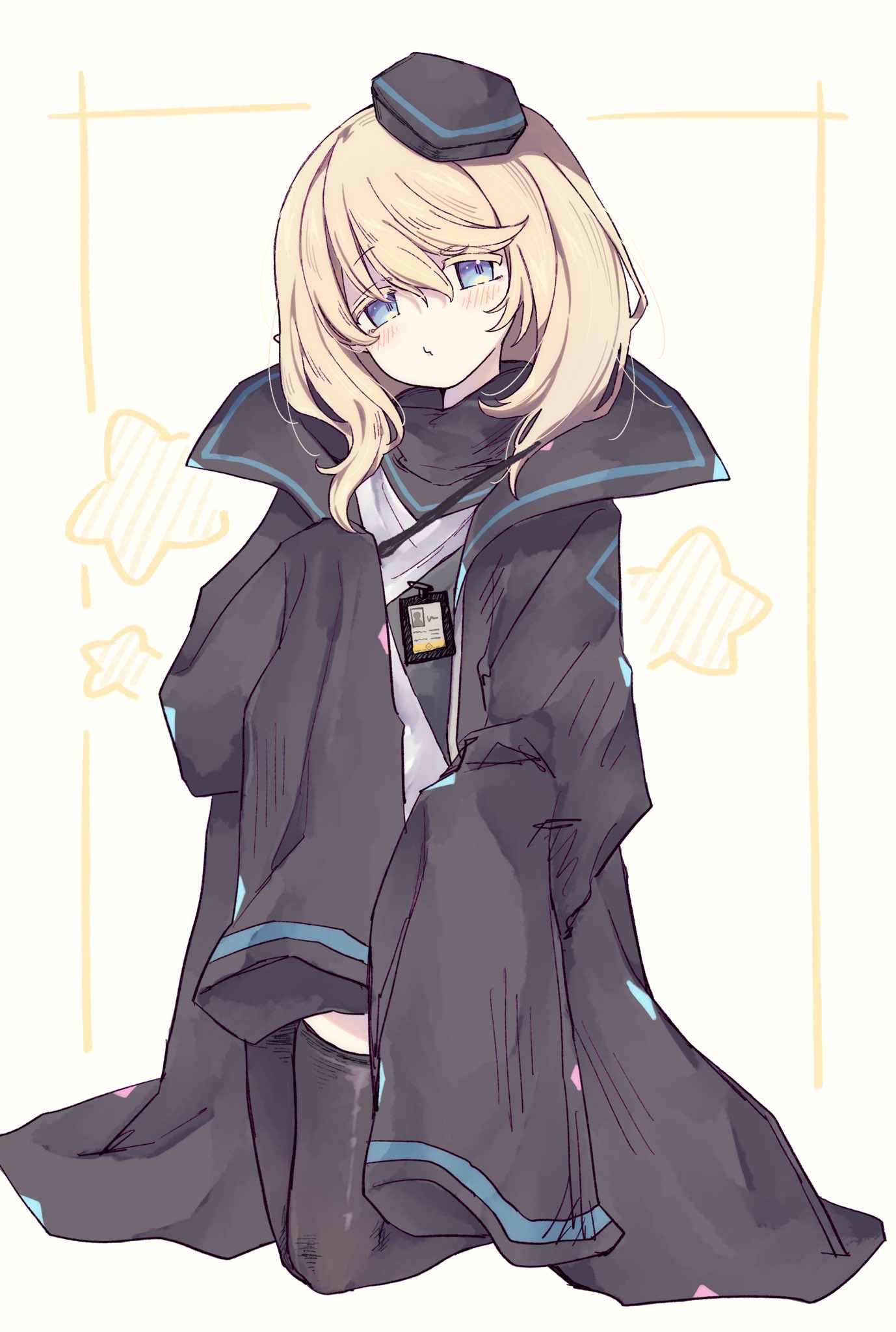 durin (arknights), arknights, commentary request, highres, 1girl, black hat, black jacket, black thighhighs, blonde hair, blue eyes, blush, hat, id card, jacket, kneeling, long hair, long sleeves, looking at viewer, okura 0915, open clothes, open mouth, oversized jacket, pointy ears, skirt, sleeves past fingers, sleeves past wrists, solo, thighhighs