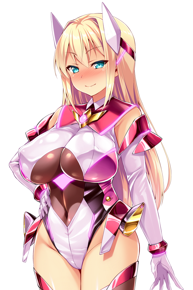 satou kuuki, game cg, large variant set, non-web source, official art, variant set, 1girl, arm at side, ayazaki shizuku, bare shoulders, blonde hair, blue eyes, blush, breasts, chest jewel, closed mouth, covered erect nipples, covered navel, cowboy shot, elbow gloves, gloves, glowing, groin, hair between eyes, hand on own hip, headgear, highleg, highleg leotard, large breasts, legs together, leotard, long hair, looking at viewer, magical girl, neon trim, nose blush, shiny clothes, shiny skin, sidelocks, simple background, skin tight, smile, solo, soukou seiki ysphere, standing, thighhighs, transparent background, white background, white gloves, white leotard, ys flare