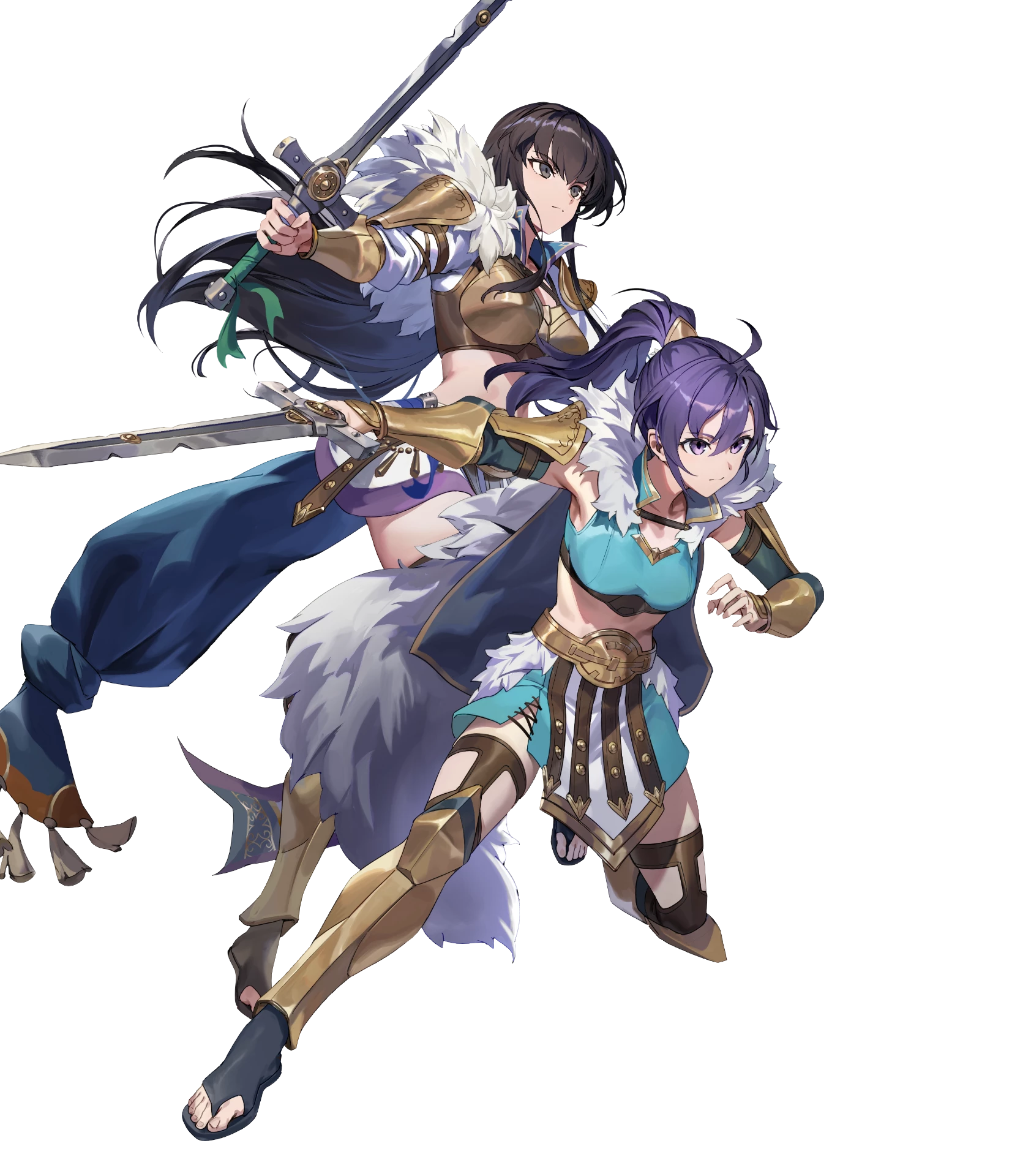 fir (fire emblem), karla (fire emblem), fire emblem, fire emblem: the binding blade, fire emblem: the blazing blade, fire emblem heroes, nintendo, highres, non-web source, official art, 2girls, armor, attack, black hair, breastplate, breasts, cleavage, fir (dual warrior) (fire emblem), gladiator sandals, holding, holding sword, holding weapon, karla (dual warrior) (fire emblem), long hair, medium breasts, mother and daughter, multiple girls, navel, official alternate costume, ponytail, purple hair, sandals, sword, v-shaped eyebrows, very long hair, weapon