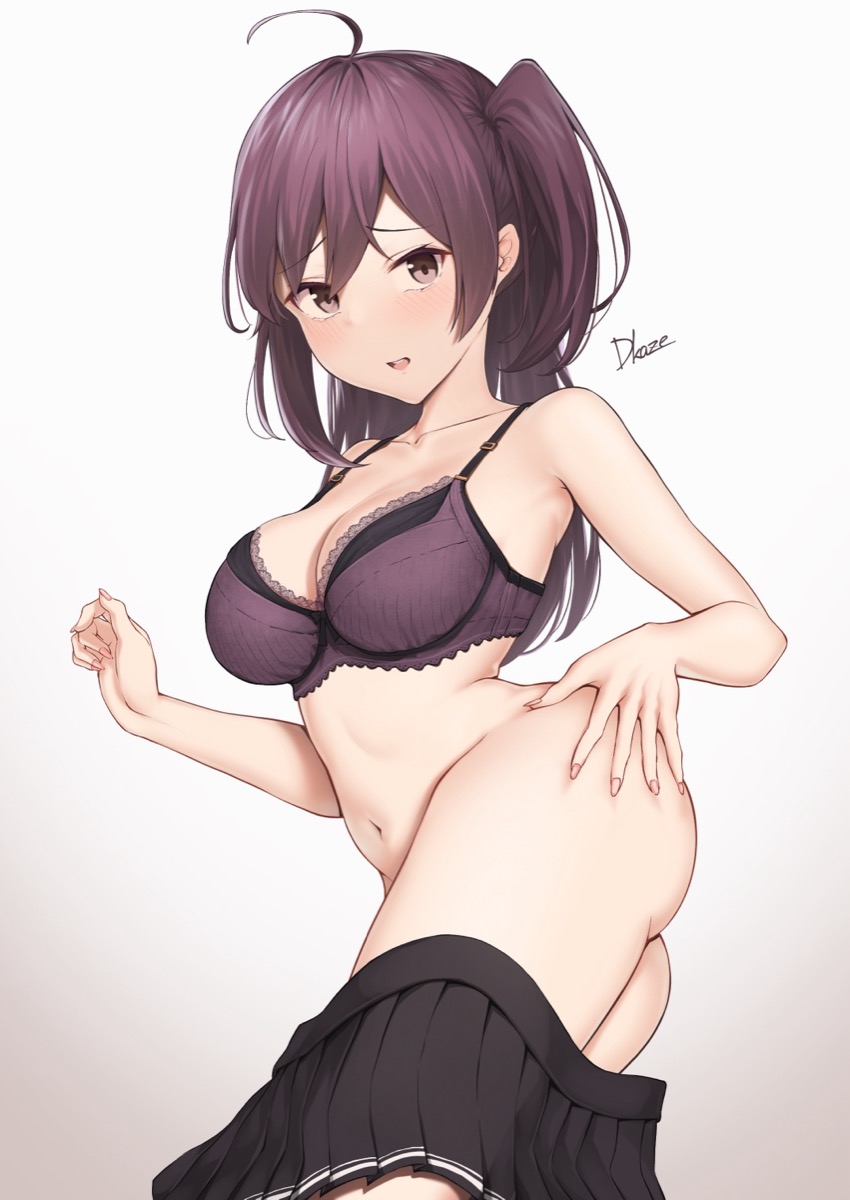 driftkingtw, hagikaze (kancolle), kantai collection, commentary request, highres, 1girl, ahoge, artist name, ass, black skirt, blush, bra, breasts, clothes pull, collarbone, cowboy shot, gradient background, hair between eyes, hand on own ass, lace, lace-trimmed bra, lace trim, long hair, looking at viewer, medium breasts, navel, one side up, open mouth, purple bra, purple eyes, purple hair, sidelocks, skirt, skirt pull, solo, spaghetti strap, stomach, twisted torso, underwear, white background