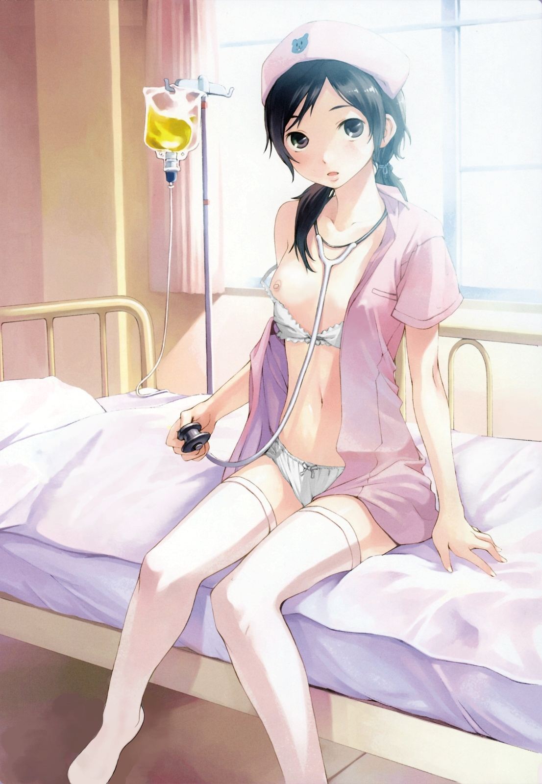 highres, bed, intravenous drip, lingerie, nurse, underwear
