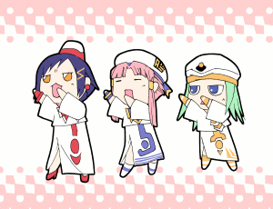 aika granzchesta, alice carroll, mizunashi akari, aria (manga), animated, animated gif, lowres, tagme, 00s, 3girls, beret, blue eyes, blue hair, chibi, green hair, hat, long hair, multiple girls, pink hair, short hair, sidelocks, yellow eyes
