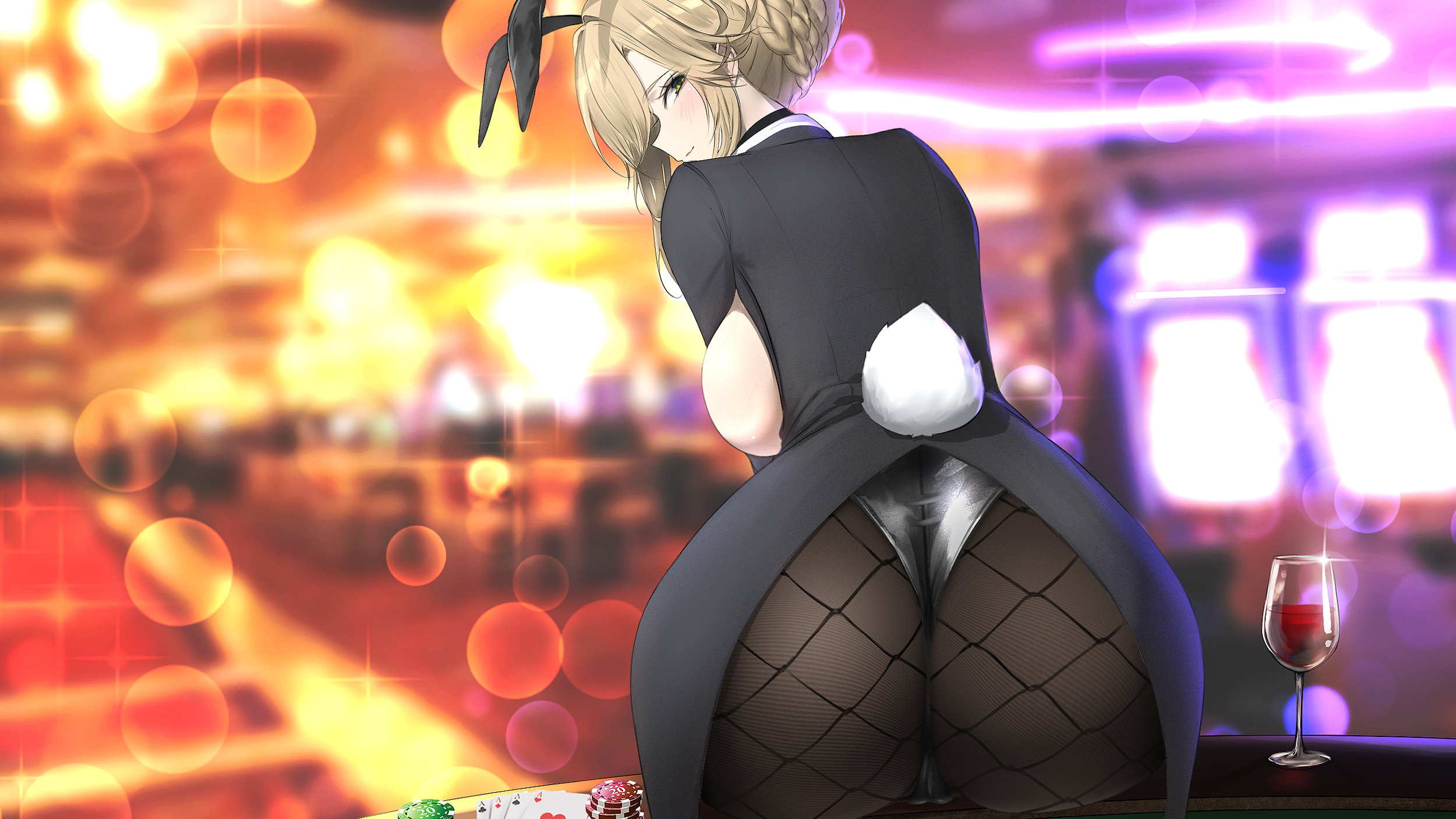 uzzy2801, ade (agent bunny) (nikke), ade (nikke), goddess of victory: nikke, highres, 1girl, animal ears, ass, black leotard, blurry, blurry background, breasts, bun with braided base, card, casino, cup, drinking glass, fishnet pantyhose, fishnets, from behind, green eyes, hair bun, jacket, large breasts, leotard, looking at viewer, medium sidelocks, official alternate costume, pantyhose, playboy bunny, playing card, poker chip, rabbit ears, single hair bun, wine glass