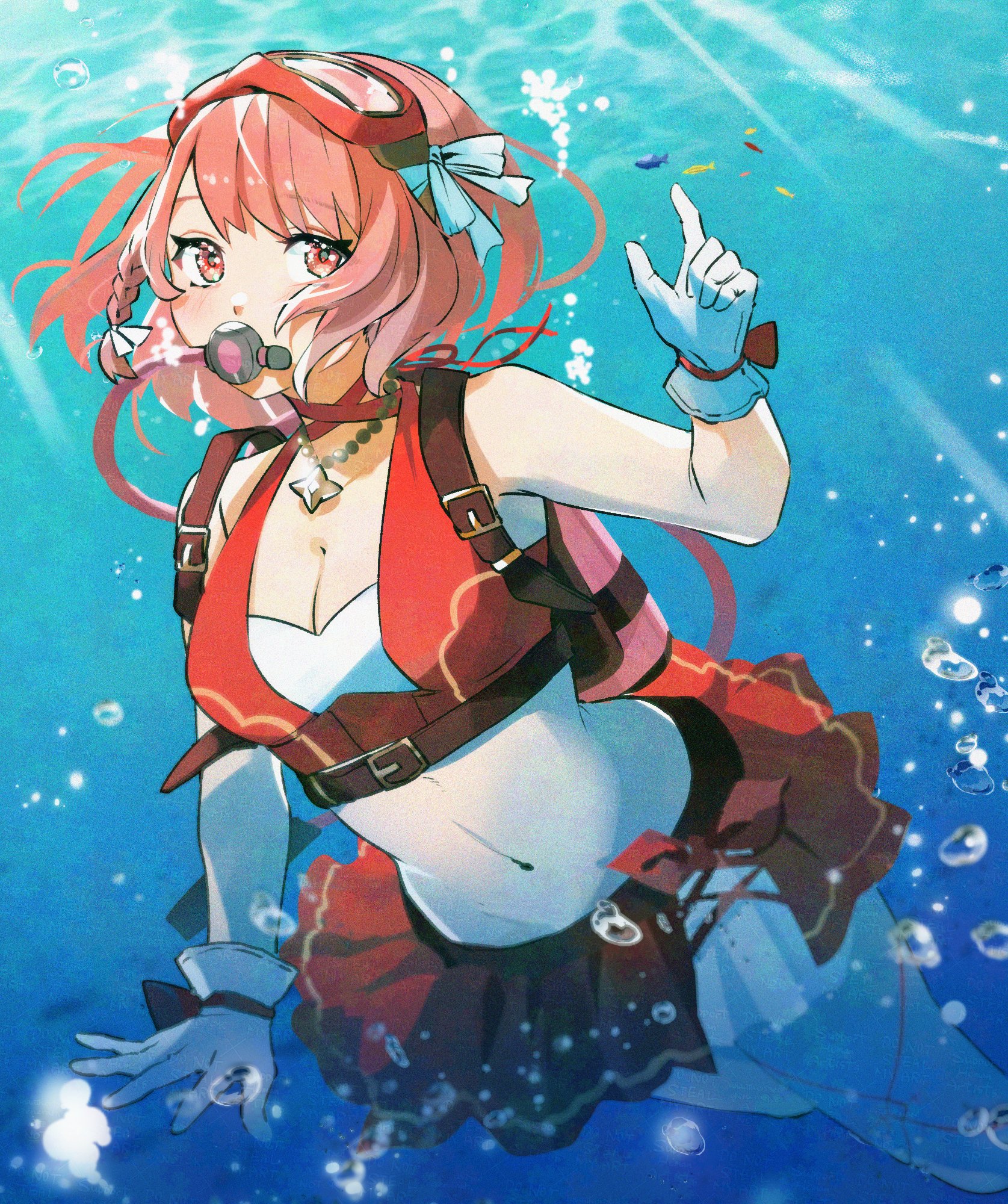 misokatsuhaumai, lapis (fire emblem), lapis (forager of the sea) (fire emblem), fire emblem, fire emblem engage, fire emblem heroes, nintendo, highres, 1girl, air bubble, bikini, bikini skirt, breasts, bubble, cleavage, fish, gloves, goggles, goggles on head, jewelry, navel, necklace, official alternate costume, pink eyes, pink hair, red skirt, skirt, snorkel, solo, swimsuit, underwater, white gloves
