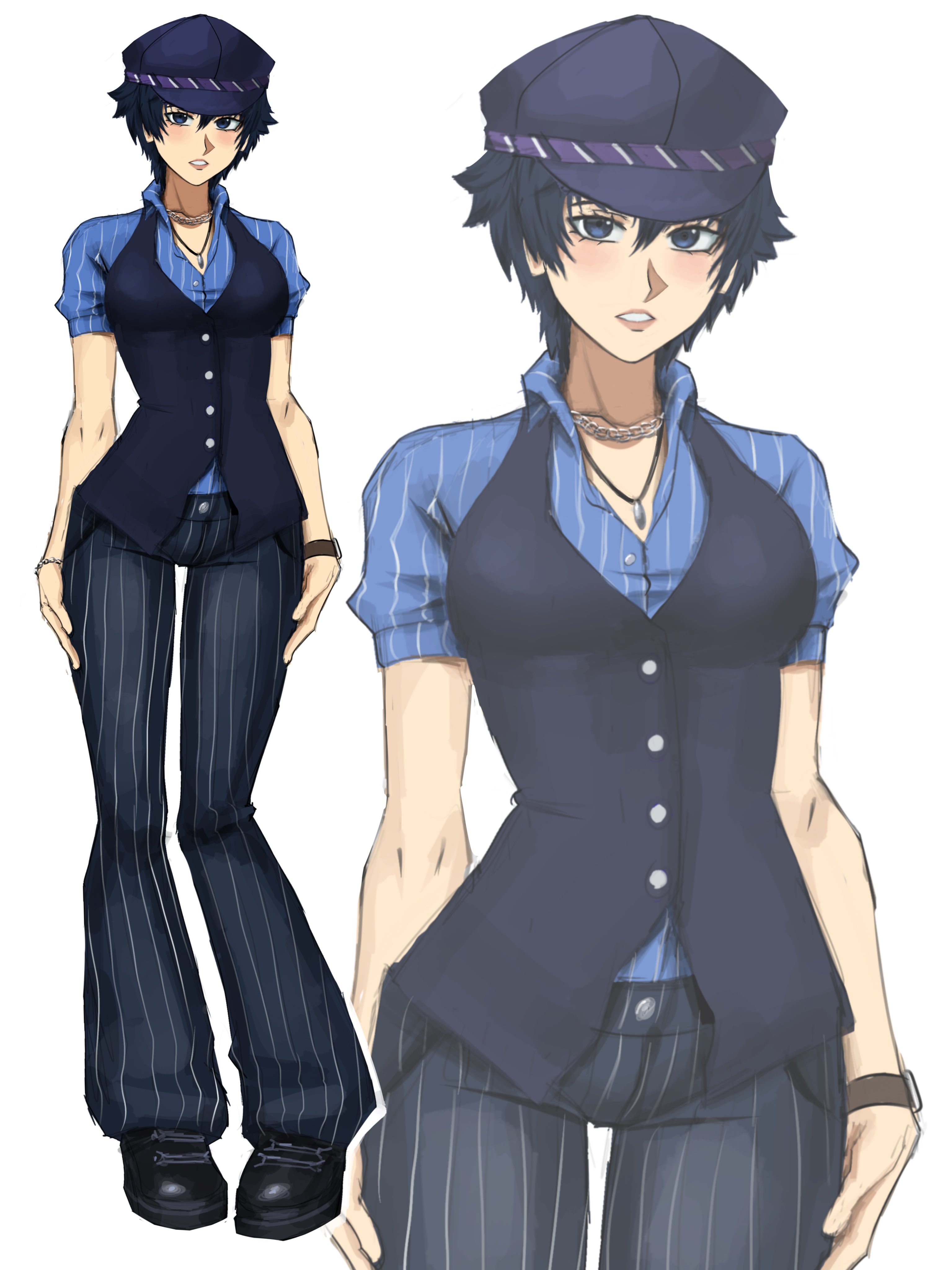 chaosoded, shirogane naoto, persona, persona 4, absurdres, commentary, english commentary, highres, 1girl, aged up, alternate costume, black pants, black shoes, blue eyes, blue hair, blue hat, blue shirt, blush, breasts, buttons, chain, grey background, hair between eyes, hat, jewelry, lips, medium breasts, necklace, newsboy cap, pants, pink lips, shirt, shoes, short hair, short sleeves, simple background, solo, striped clothes, striped pants, striped shirt, watch, wristwatch