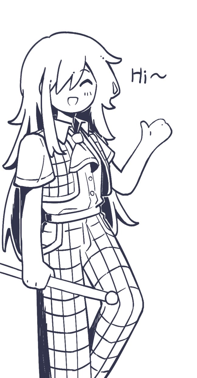 yimudesu, kazami yuuka, touhou, touhou (pc-98), highres, ascot, closed eyes, dotted line, english text, greyscale, long hair, looking at viewer, monochrome, one eye covered, open mouth, smile, white background