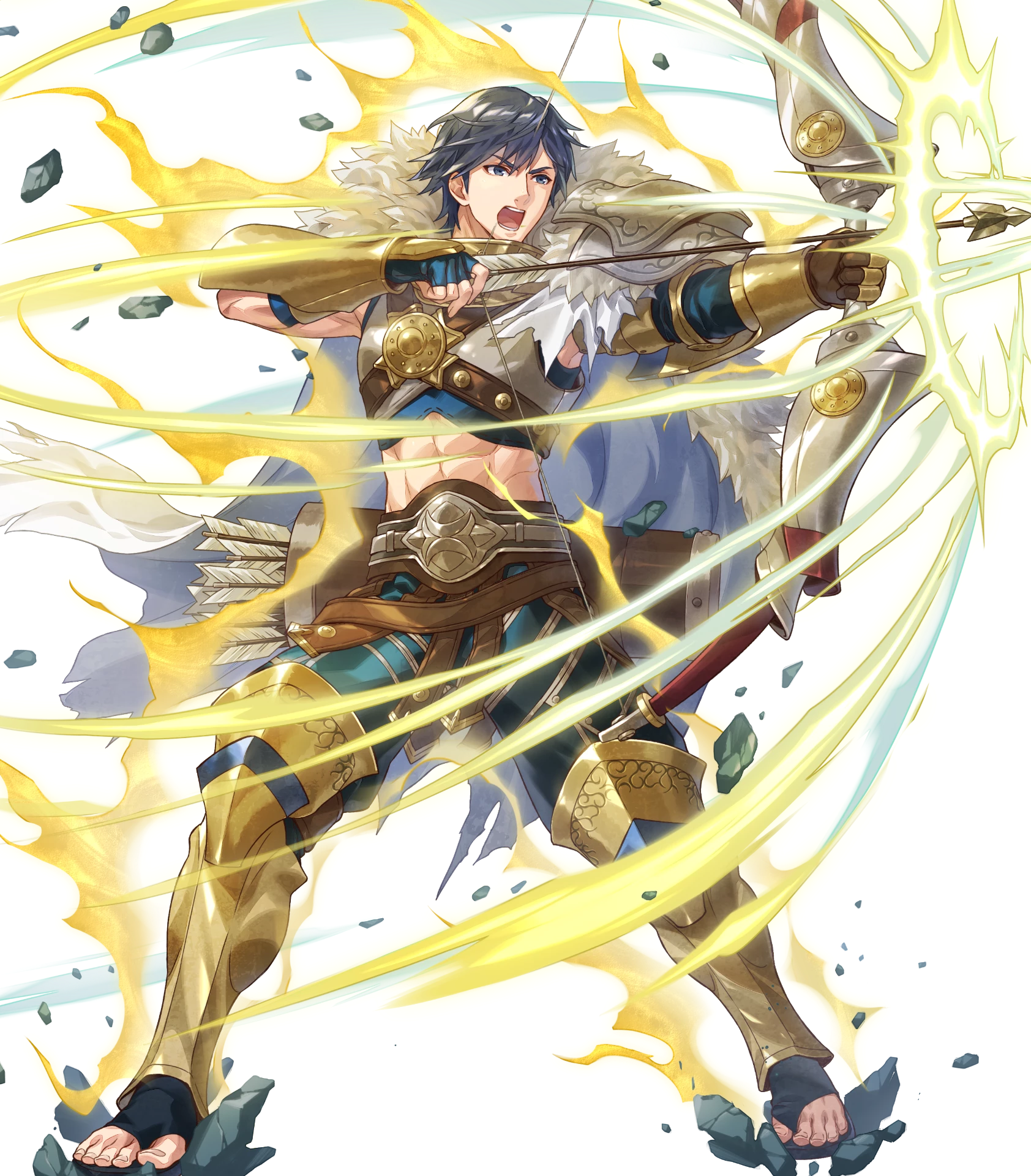 basilio (fire emblem), chrom (fire emblem), fire emblem, fire emblem awakening, fire emblem heroes, nintendo, highres, non-web source, official art, 1boy, abs, attack, aura, basilio (fire emblem) (cosplay), blue eyes, blue hair, bow (weapon), brand of the exalt, cape, chrom (pivotal blow) (fire emblem), cosplay, drawing bow, fingerless gloves, gladiator, gladiator sandals, gloves, holding, holding bow (weapon), holding weapon, official alternate costume, open mouth, quiver, sandals, single bare shoulder, solo, v-shaped eyebrows, weapon, white cape