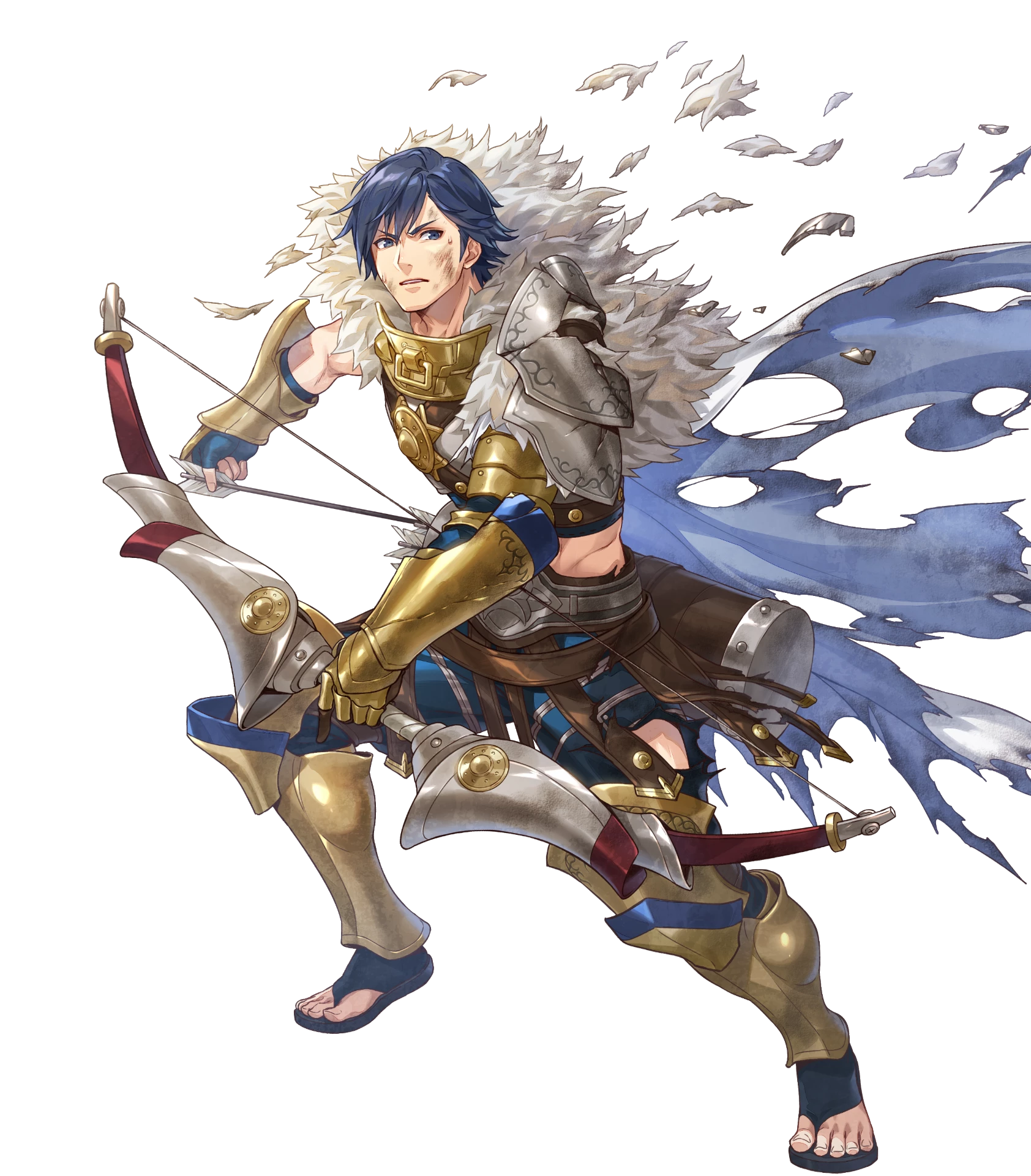 basilio (fire emblem), chrom (fire emblem), fire emblem, fire emblem awakening, fire emblem heroes, nintendo, highres, non-web source, official art, 1boy, abs, attack, basilio (fire emblem) (cosplay), blue eyes, blue hair, bow (weapon), brand of the exalt, cape, chrom (pivotal blow) (fire emblem), cosplay, drawing bow, fingerless gloves, gladiator, gladiator sandals, gloves, holding, holding bow (weapon), holding weapon, official alternate costume, quiver, sandals, single bare shoulder, solo, v-shaped eyebrows, weapon, white cape