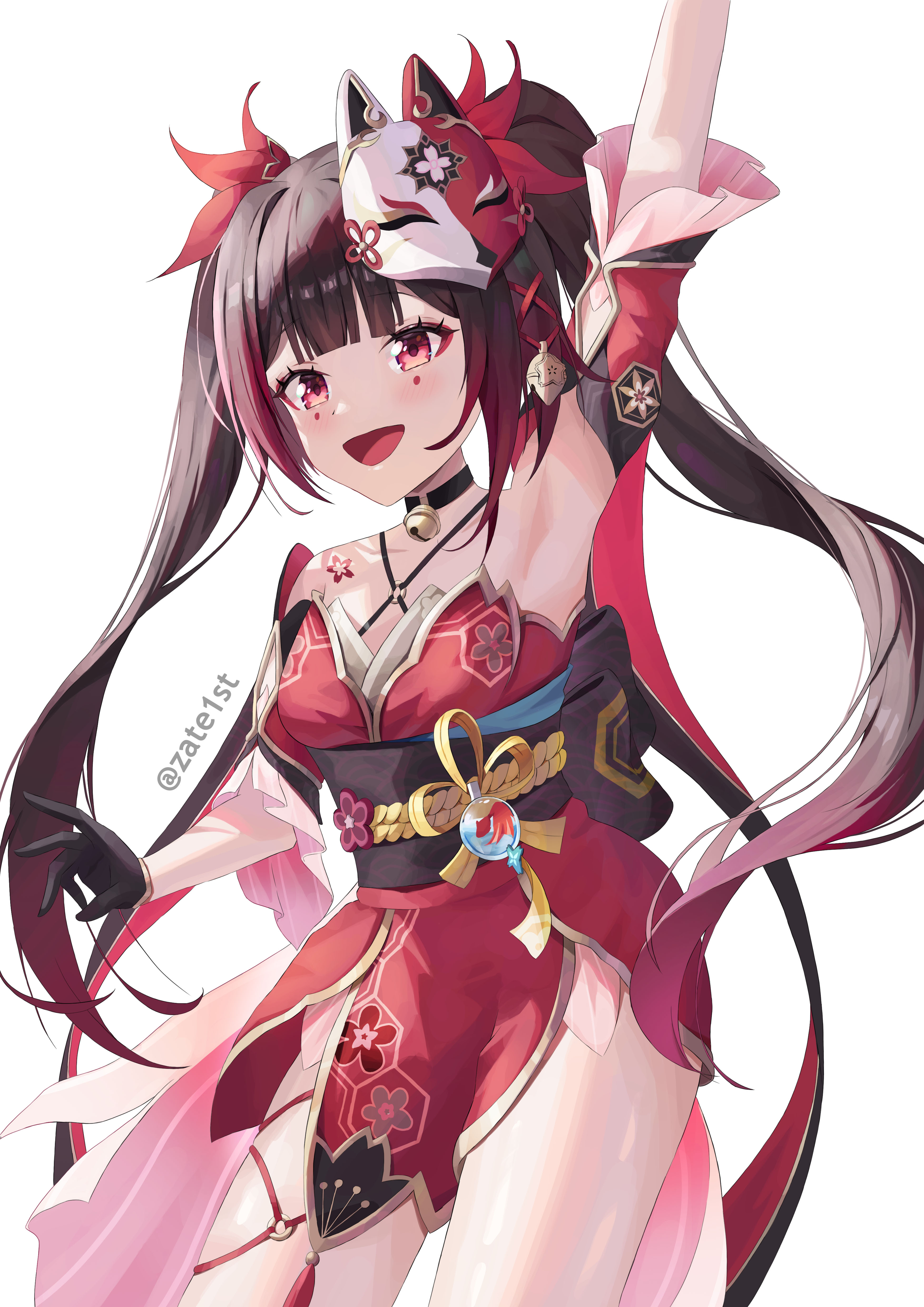 sparkle (honkai: star rail), honkai: star rail, honkai (series), absurdres, highres, 1girl, arm up, armpits, black gloves, blush, breasts, brown hair, detached sleeves, fox mask, gloves, japanese clothes, kimono, long hair, looking at viewer, mask, medium breasts, mole, mole under each eye, mole under eye, multiple moles, open mouth, red eyes, red kimono, short sleeves, shoulder tattoo, simple background, sleeveless, sleeveless kimono, smile, solo, tattoo, thighs, twintails, very long hair, white background, zate1st