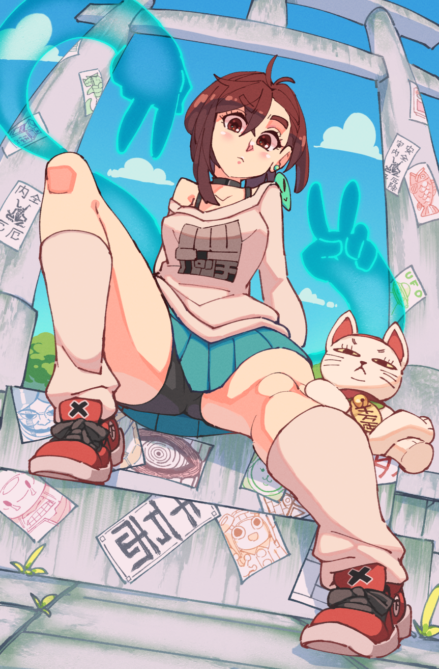 rtil, ayase momo, turbo granny (dandadan), dandadan, 1girl, bare shoulders, bike shorts, black shorts, blue sky, blush, breasts, brown eyes, brown hair, closed mouth, cloud, day, from below, large breasts, looking at viewer, loose socks, matching hair/eyes, outdoors, pleated skirt, red shoes, shoes, short hair, shorts, sitting, skirt, sky, sneakers, socks, spread legs, stairs, sweater, torii, white socks