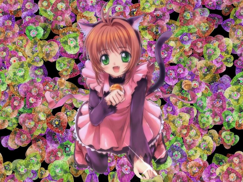kinomoto sakura, cardcaptor sakura, 1990s (style), 1girl, all fours, animal ears, bell, blush, brown hair, cat ears, cat tail, child, fang, green eyes, jingle bell, looking at viewer, retro artstyle, short hair, skirt, smile, tail