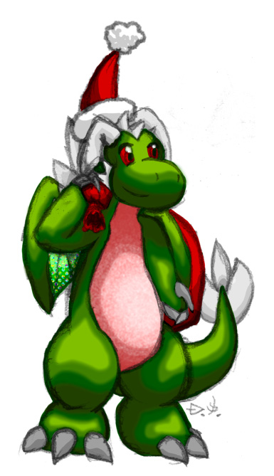 bag, christmas, claws, dragon, hat, horns, kizul, red eyes, tail, wings