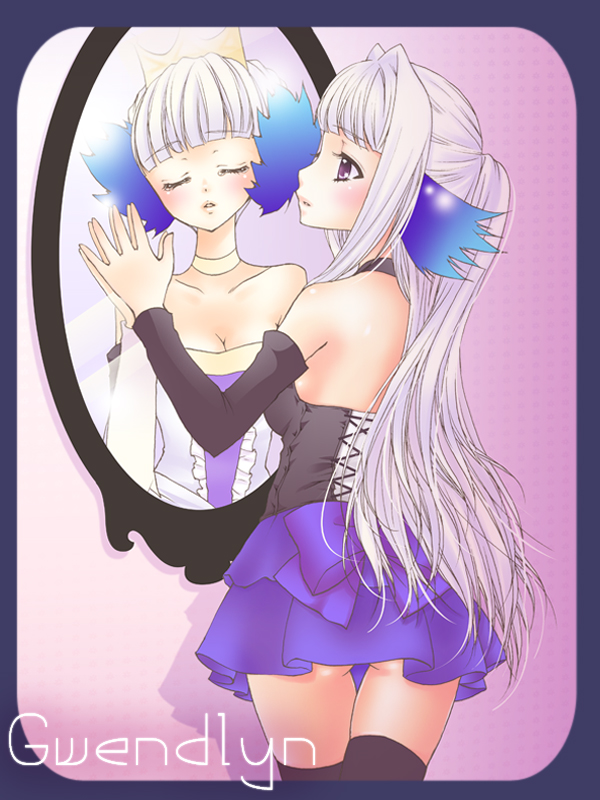 mika mikan, gwendolyn (odin sphere), odin sphere, 1girl, ass, blush, breasts, character name, dress, female focus, hair down, long hair, short hair, skirt, solo, strapless, strapless dress, thighhighs