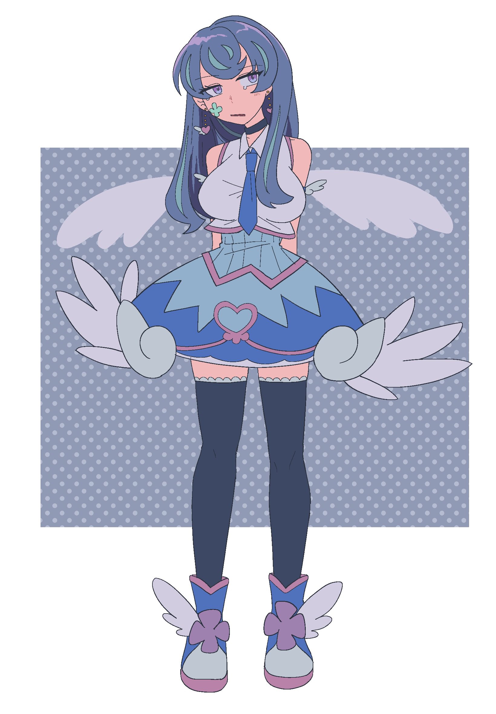 nanase (trfok1), blue angel (yu-gi-oh!), zaizen aoi, yu-gi-oh!, yu-gi-oh! vrains, highres, 1girl, alternate hairstyle, arms behind back, bare shoulders, blue hair, blue necktie, clover facial mark, dress, earrings, facing viewer, full body, hair down, heart, heart earrings, jewelry, long hair, looking to the side, necktie, open mouth, purple eyes, shoes, sleeveless, sleeveless dress, solo, thighhighs, wings