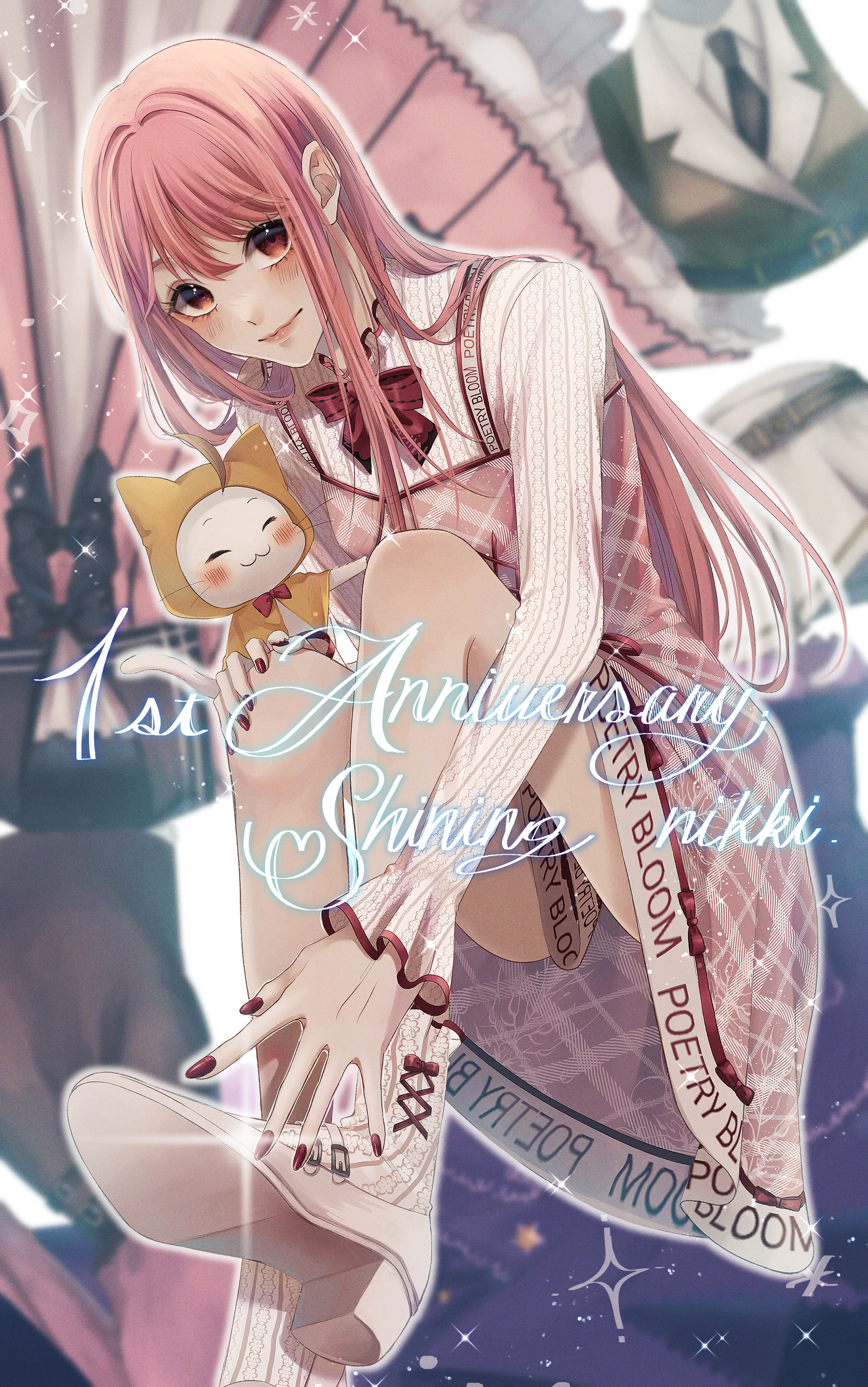 bloom poetry (shining nikki), momo (nikki), nikki (nikki), star sea (nikki), nikki (series), shining nikki, absurdres, commentary, commentary request, english commentary, highres, mixed-language commentary, 1girl, ^ ^, ahoge, animal, anniversary, bow, bow legwear, bowtie, brown eyes, buckle, cat, cloak, closed eyes, closed mouth, clothed animal, clothes writing, copyright name, cross-laced clothes, cross-laced legwear, dress, ear covers, eyelashes, frilled sleeves, frilled sweater, frills, from below, full body, hair between eyes, hand on own foot, hand on own knee, happy, high heels, hood, hood up, hooded cloak, hoshikage iroha, invisible chair, leaning forward, light blush, light particles, lipstick, long hair, long sidelocks, long sleeves, makeup, medium dress, nail polish, outline, pinafore dress, pink dress, pink hair, pink lips, plaid clothes, plaid dress, pumps, red bow, red bowtie, red nails, shoes, sidelocks, sitting, sleeveless, sleeveless dress, sleeves past wrists, smile, socks, sparkle, sweater, tareme, traditional bowtie, unworn clothes, very long hair, whiskers, white background, white cat, white outline, white shoes, white socks, white sweater, yellow cloak