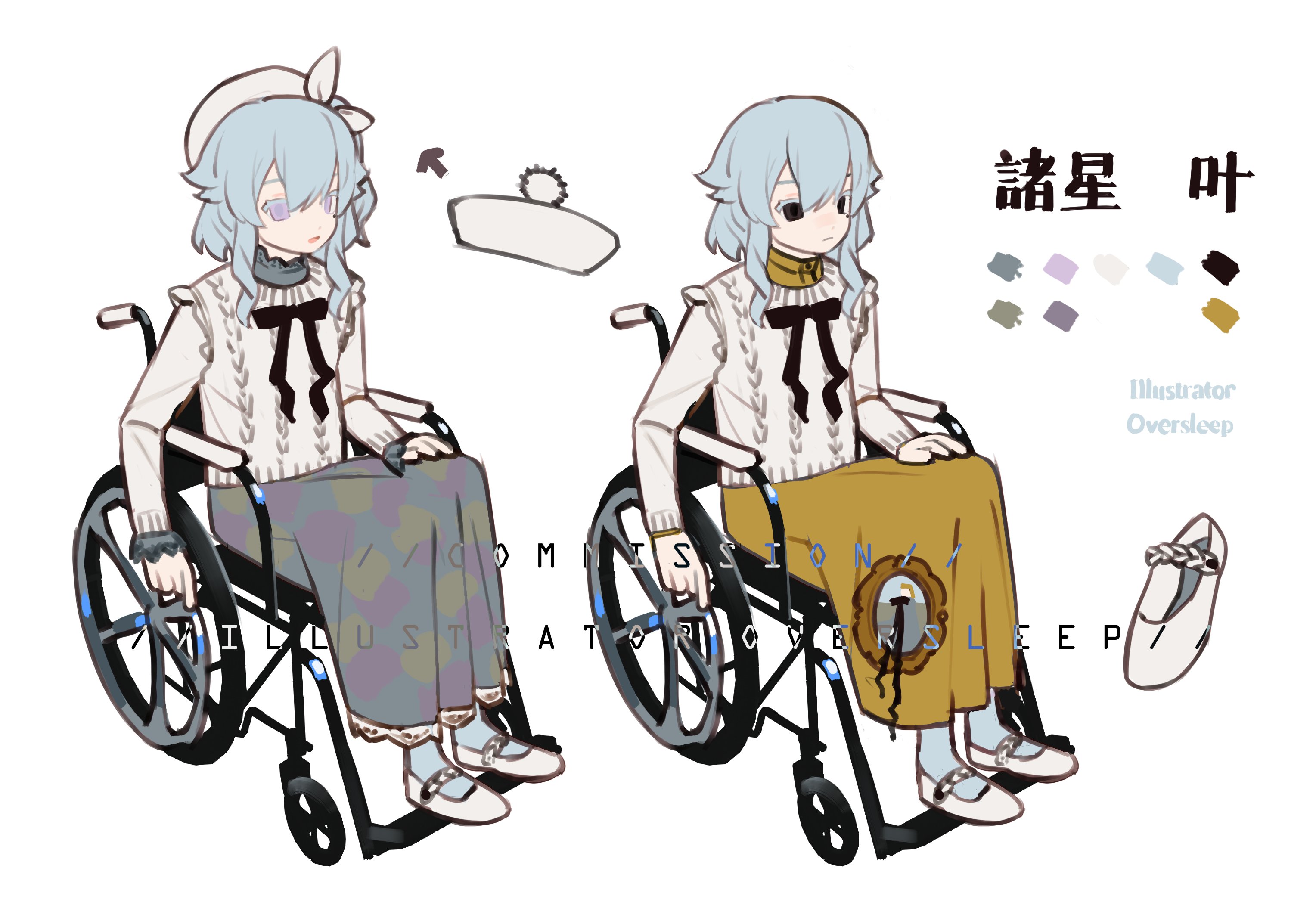 oversleep, original, highres, 1girl, beret, black bow, black hair, blue hair, blue socks, bow, bowtie, character name, chinese text, color guide, drill hair, drill sidelocks, english text, frills, full body, hair between eyes, hat, long skirt, long sleeves, multiple views, neck ribbon, purple eyes, ribbon, shirt, shoes, sidelocks, simple background, sitting, skirt, smile, socks, sweater, wheelchair, white background, white hat, white shoes, white sweater