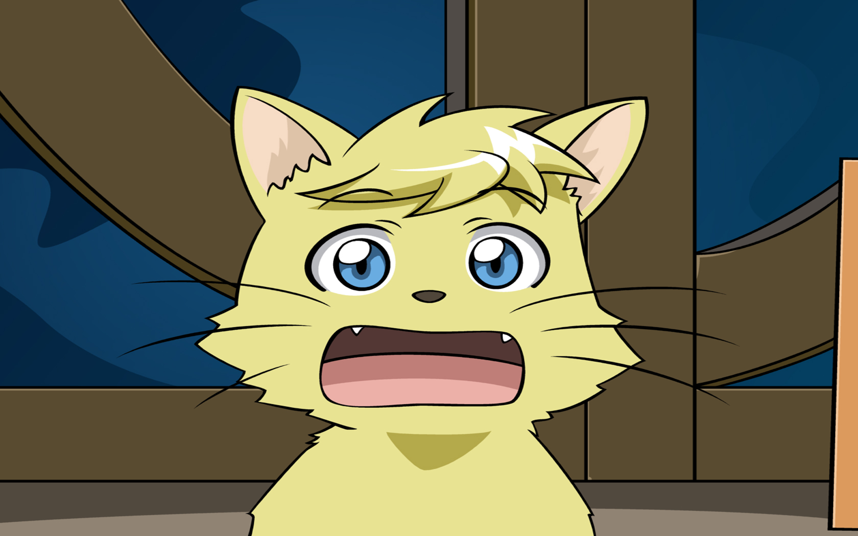 liru, renkin san-kyuu magical pokaan, artist request, derivative work, highres, tagme, vector trace, 1girl, animal, animalization, blue eyes, cat, fang, fangs, female focus, no humans, open mouth, solo
