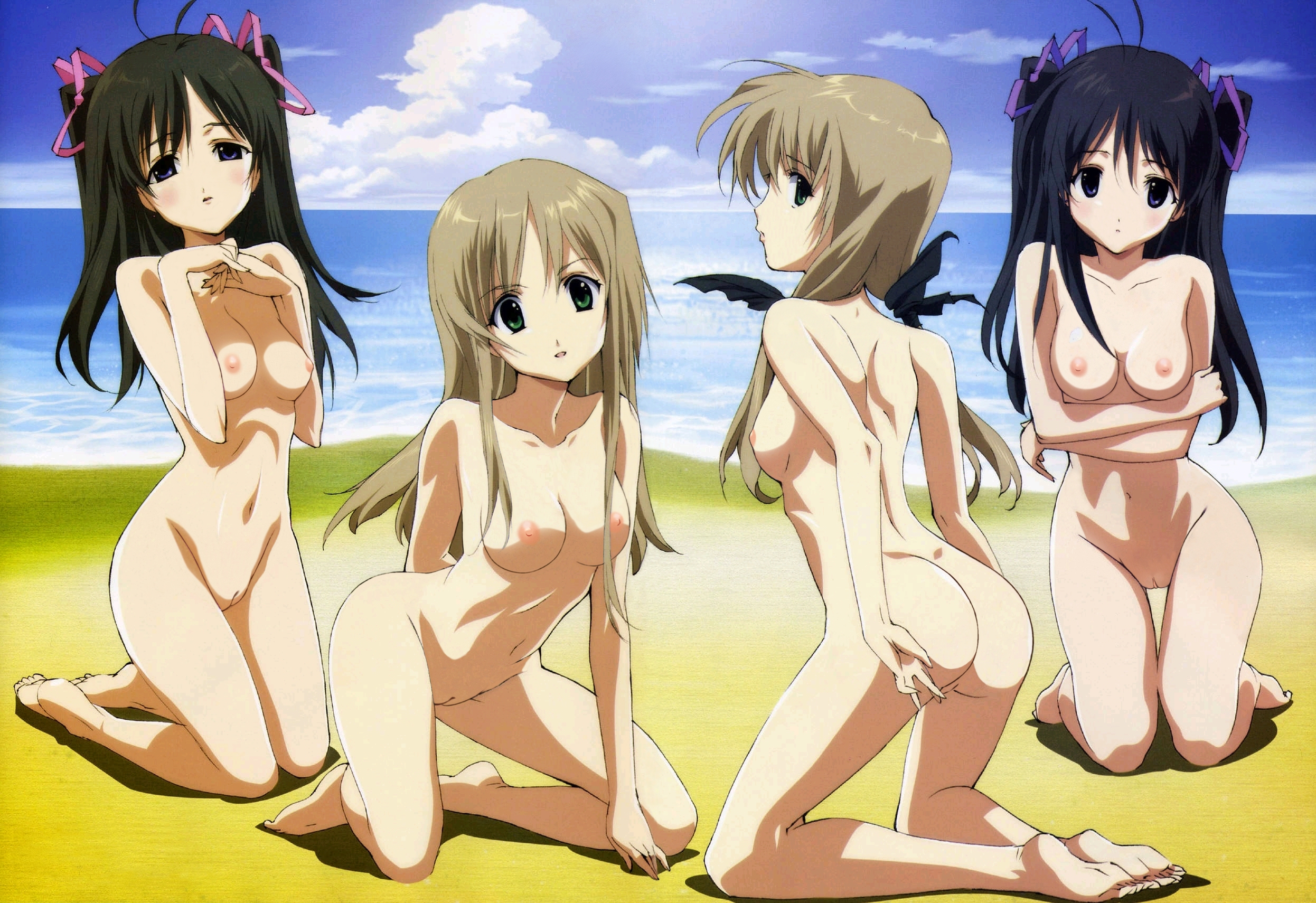 sakurazuki kira, sakurazuki yura, shirogane sara, shirogane souju, futakoi, highres, nude filter, tagme, third-party edit, 00s, 4girls, ass, beach, everyone, multiple girls, nude, sisters, twins
