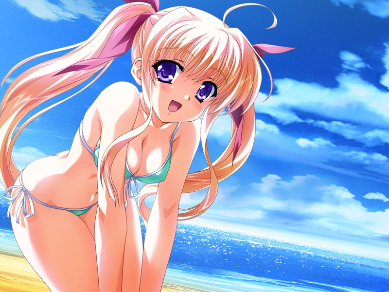 artist request, character request, game cg, 1girl, ahoge, beach, bikini, blonde hair, blush, breasts, cleavage, cloud, collarbone, covered erect nipples, female focus, green bikini, hair ribbon, leaning forward, long hair, looking at viewer, medium breasts, navel, ocean, open mouth, pink ribbon, purple eyes, ribbon, sand, side-tie bikini bottom, sky, smile, solo, swimsuit, twintails, water