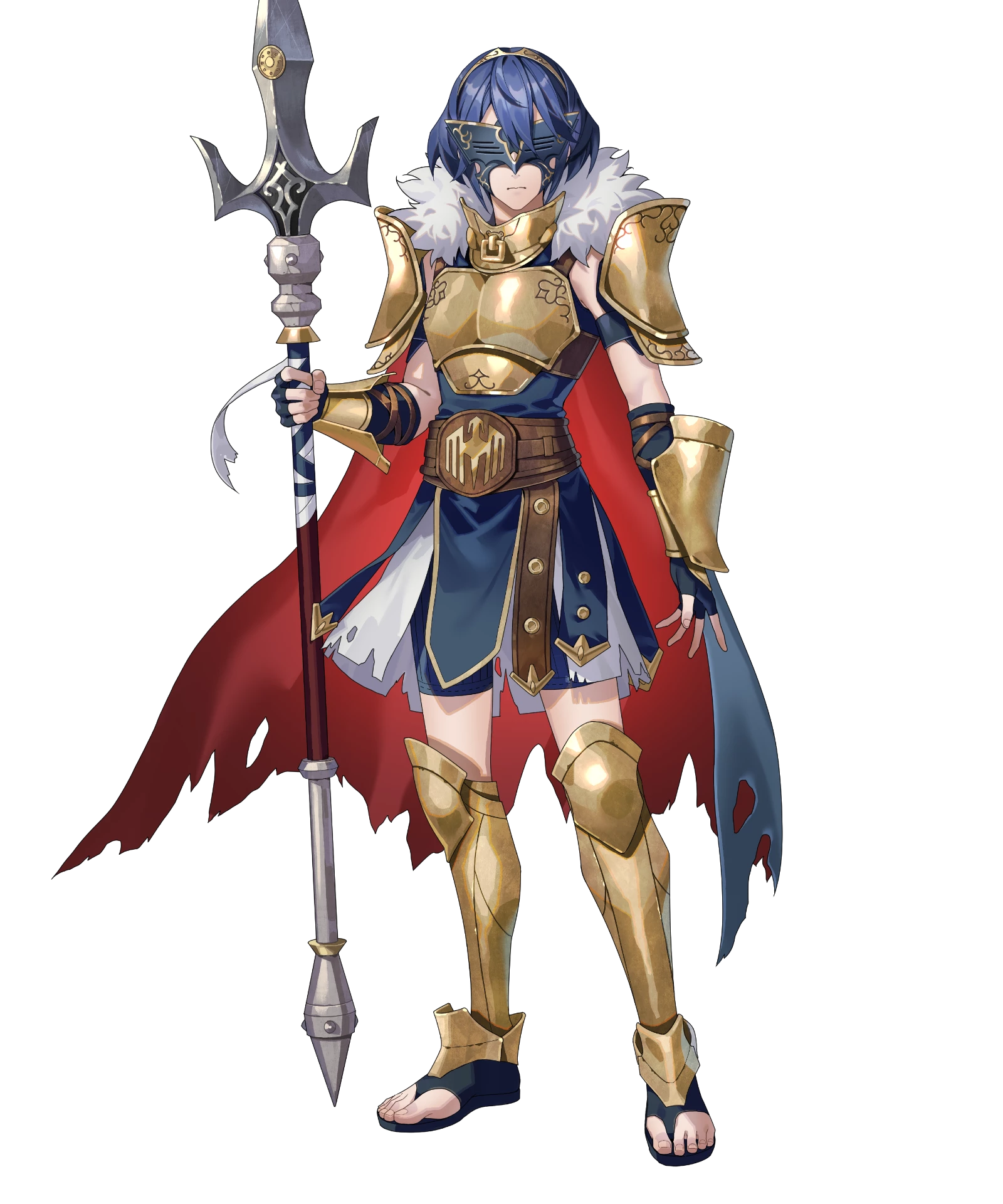 lucina (fire emblem), marth (fire emblem awakening), fire emblem, fire emblem awakening, fire emblem heroes, nintendo, highres, non-web source, official art, ambiguous gender, armor, blue hair, breastplate, butterfly mask, cape, fingerless gloves, fur-trimmed jacket, fur trim, gladiator sandals, gloves, holding, holding polearm, holding weapon, jacket, looking at viewer, marth (masked gladiator) (fire emblem awakening), mask, official alternate costume, polearm, sandals, shorts, shoulder armor, tachi-e, tiara, torn cape, torn clothes, weapon