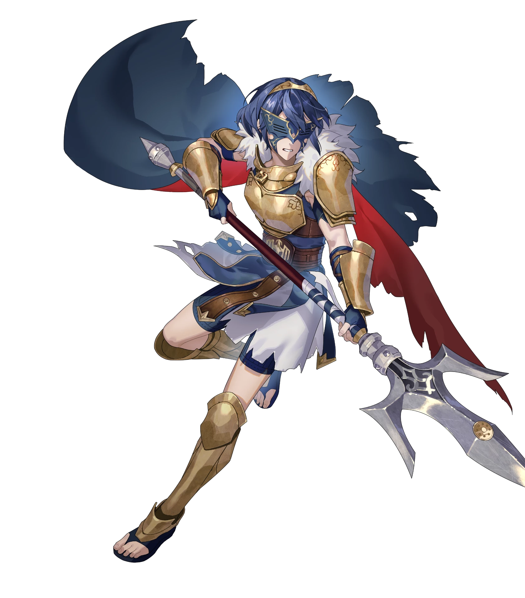 lucina (fire emblem), marth (fire emblem awakening), fire emblem, fire emblem awakening, fire emblem heroes, nintendo, highres, non-web source, official art, ambiguous gender, armor, attack, blue hair, breastplate, butterfly mask, cape, clenched teeth, fingerless gloves, fur-trimmed jacket, fur trim, gladiator sandals, gloves, holding, holding polearm, holding weapon, jacket, marth (masked gladiator) (fire emblem awakening), mask, official alternate costume, polearm, sandals, shorts, shoulder armor, teeth, tiara, torn cape, torn clothes, weapon
