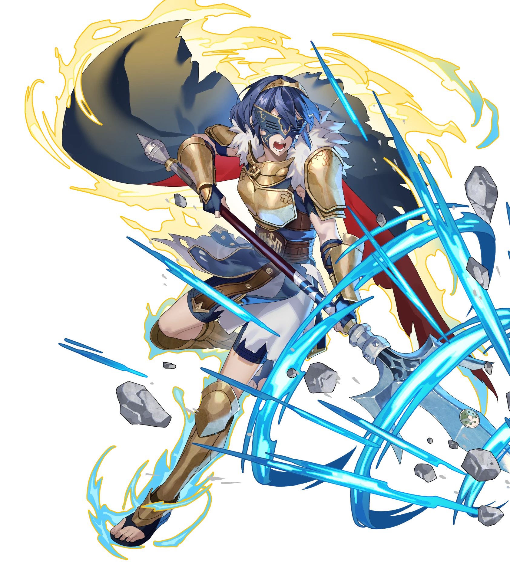 lucina (fire emblem), marth (fire emblem awakening), fire emblem, fire emblem awakening, fire emblem heroes, nintendo, highres, non-web source, official art, ambiguous gender, armor, attack, aura, blue hair, breastplate, butterfly mask, cape, fingerless gloves, fur-trimmed jacket, fur trim, gladiator sandals, gloves, holding, holding polearm, holding weapon, jacket, marth (masked gladiator) (fire emblem awakening), mask, official alternate costume, open mouth, polearm, sandals, shorts, shoulder armor, tiara, torn cape, torn clothes, weapon