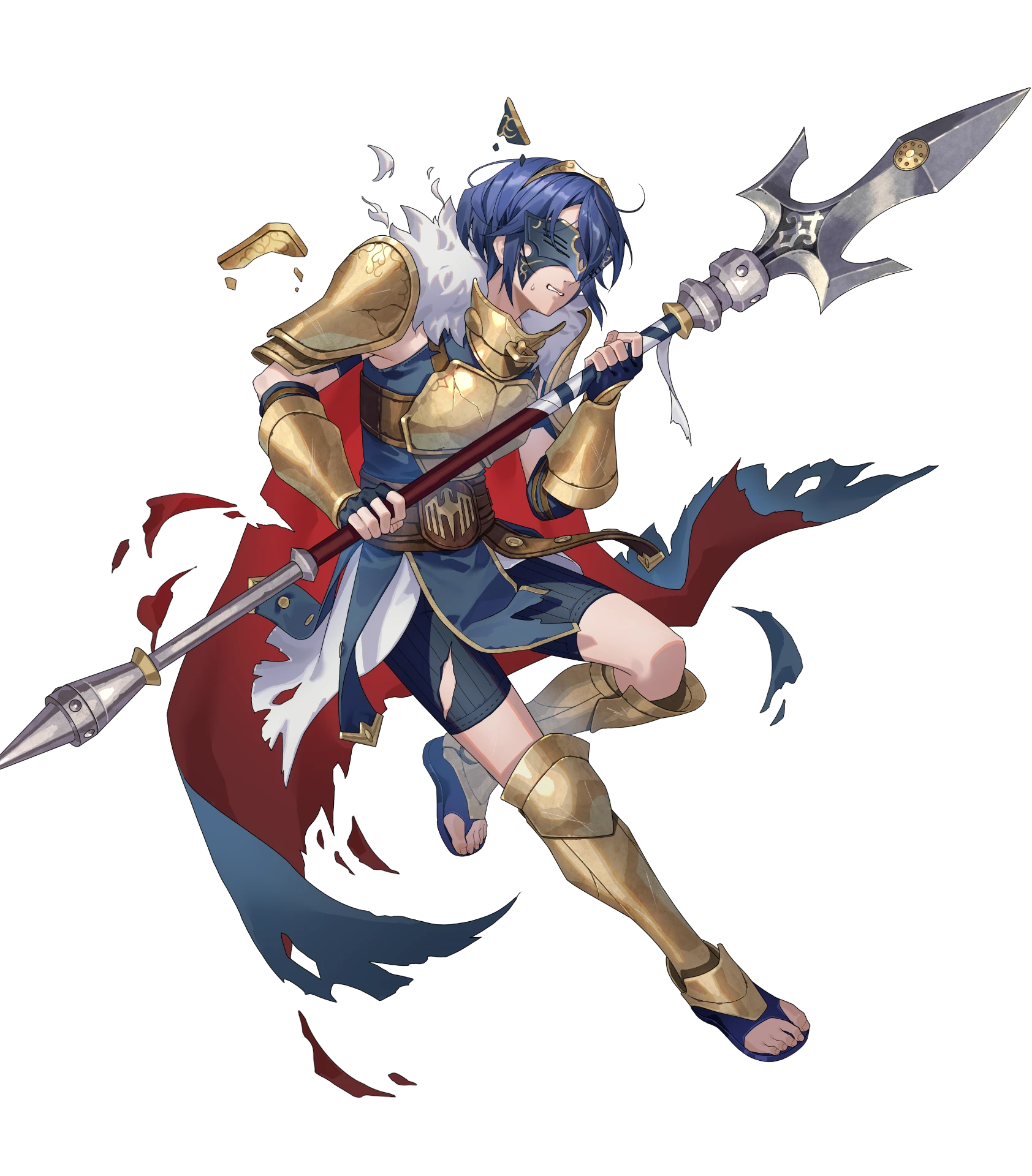 lucina (fire emblem), marth (fire emblem awakening), fire emblem, fire emblem awakening, fire emblem heroes, nintendo, highres, non-web source, official art, ambiguous gender, armor, blue hair, breastplate, butterfly mask, cape, clenched teeth, damaged, fingerless gloves, fur-trimmed jacket, fur trim, gladiator sandals, gloves, holding, holding polearm, holding weapon, jacket, marth (masked gladiator) (fire emblem awakening), mask, official alternate costume, polearm, sandals, shorts, shoulder armor, teeth, tiara, torn cape, torn clothes, weapon